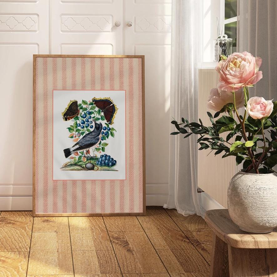 Gallery wall set of 4 Retro Vintage Prints, Countryside Decor, Digital Download, Striped Art, Cottagecore Art, Vintage Aesthetic, Bird Decor