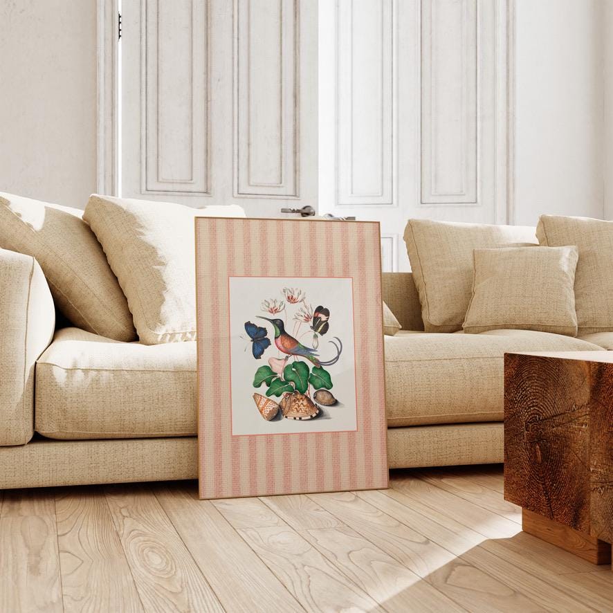 Gallery wall set of 4 Retro Vintage Prints, Countryside Decor, Digital Download, Striped Art, Cottagecore Art, Vintage Aesthetic, Bird Decor
