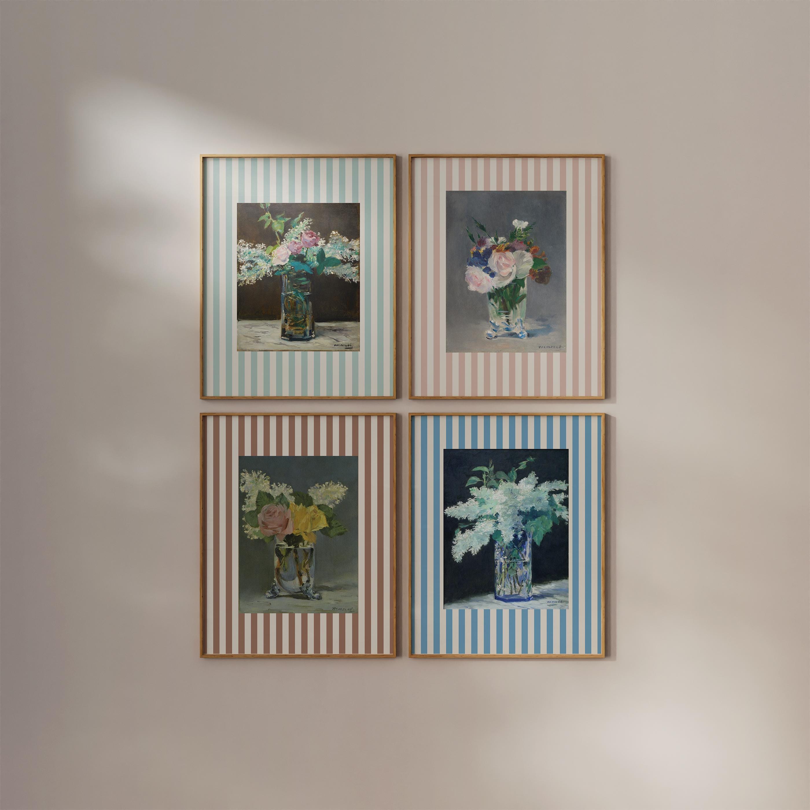Bundle of 4 Retro Vintage Prints, Floral Decor, Digital Download, Striped Art Print, Cottagecore Art, Vintage Aesthetic, Flower Decor