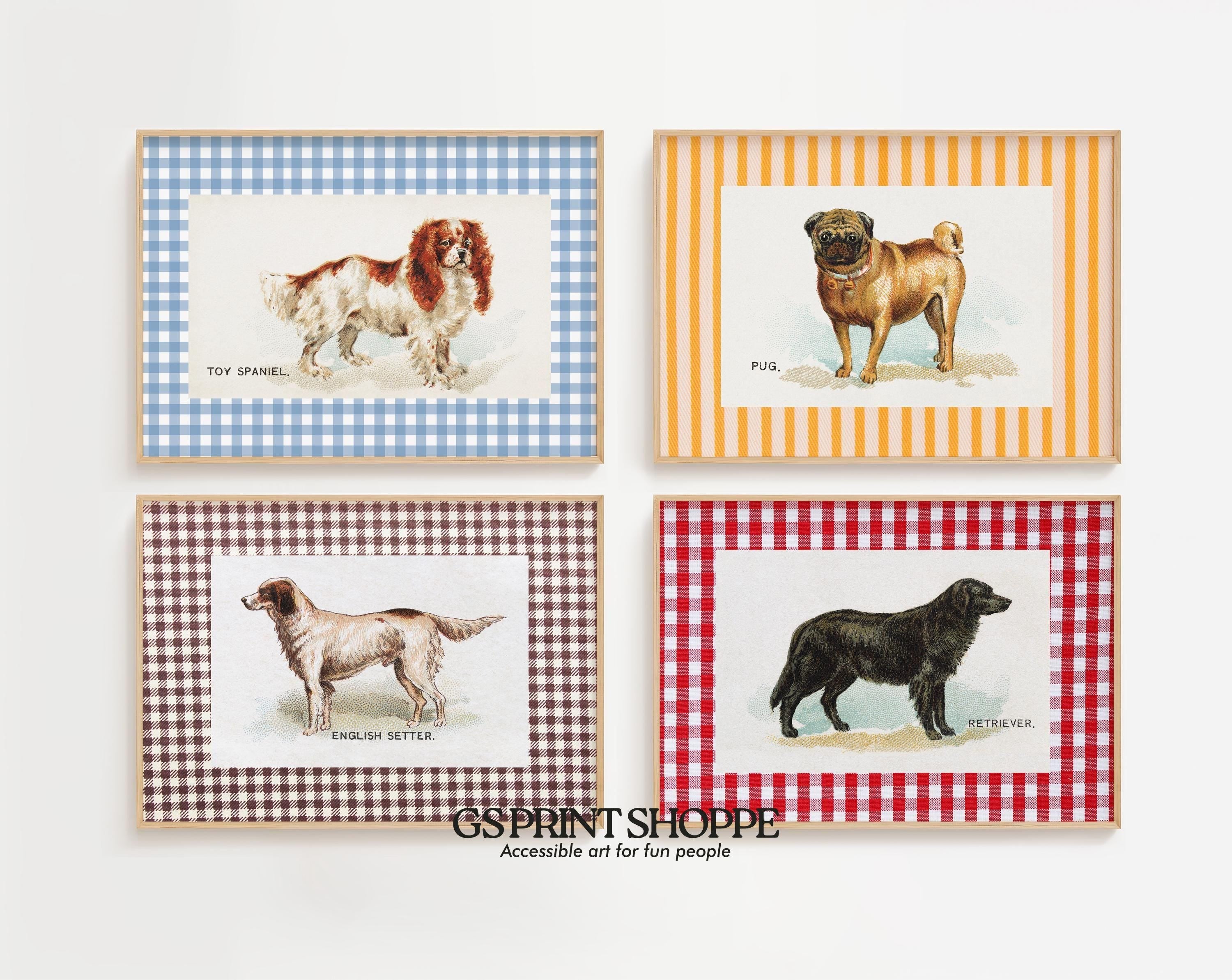 Gallery Wall Set of 4 digital art prints, Dog Poster, Dog Wall Art, Country Cottage Art, Vintage Art, Dog Digital Download