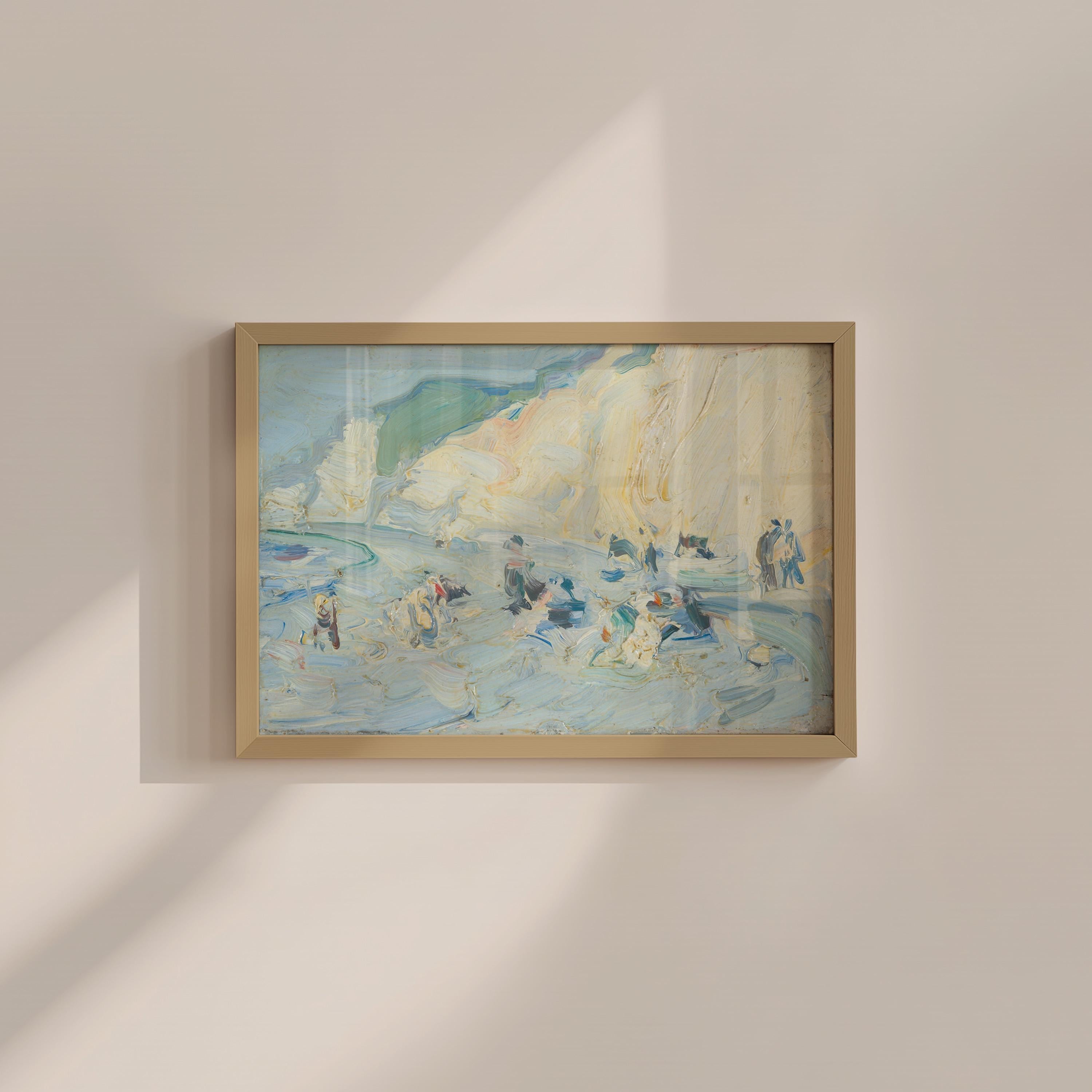 Beach landscape art print, Vintage coastal oil painting, Antique soft tone nautical wall art , Neutral seaside wall decor, digital download