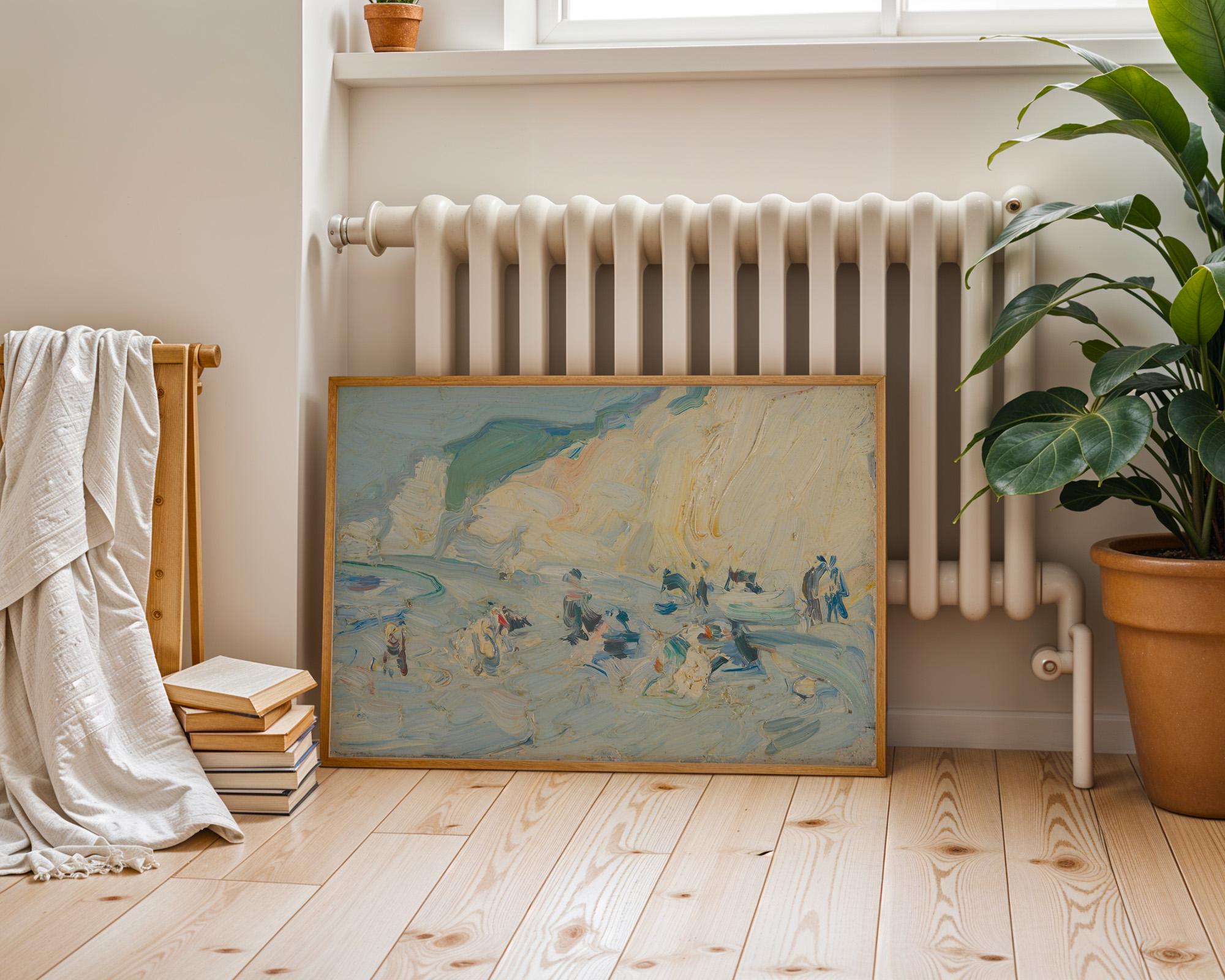Beach landscape art print, Vintage coastal oil painting, Antique soft tone nautical wall art , Neutral seaside wall decor, digital download