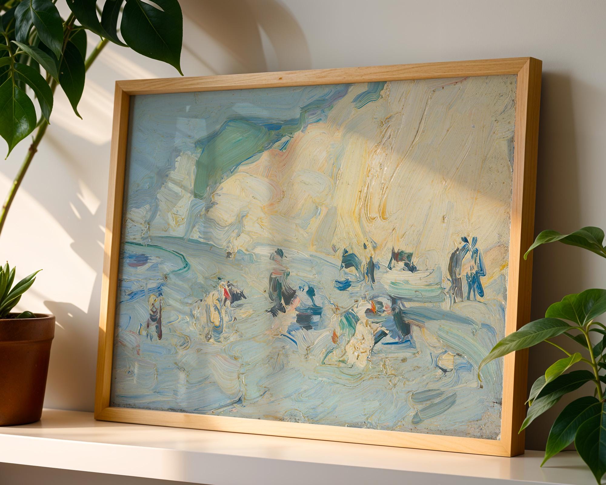Beach landscape art print, Vintage coastal oil painting, Antique soft tone nautical wall art , Neutral seaside wall decor, digital download
