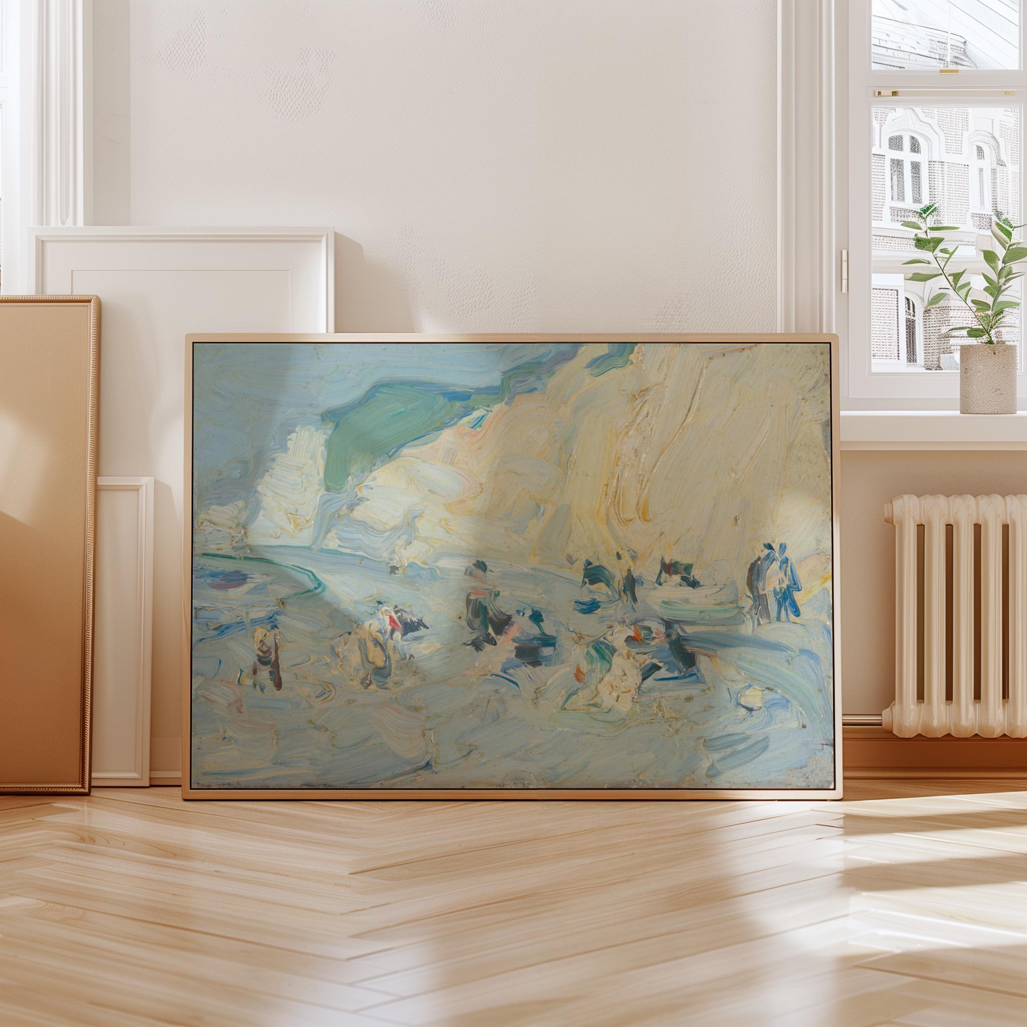 Beach landscape art print, Vintage coastal oil painting, Antique soft tone nautical wall art , Neutral seaside wall decor, digital download
