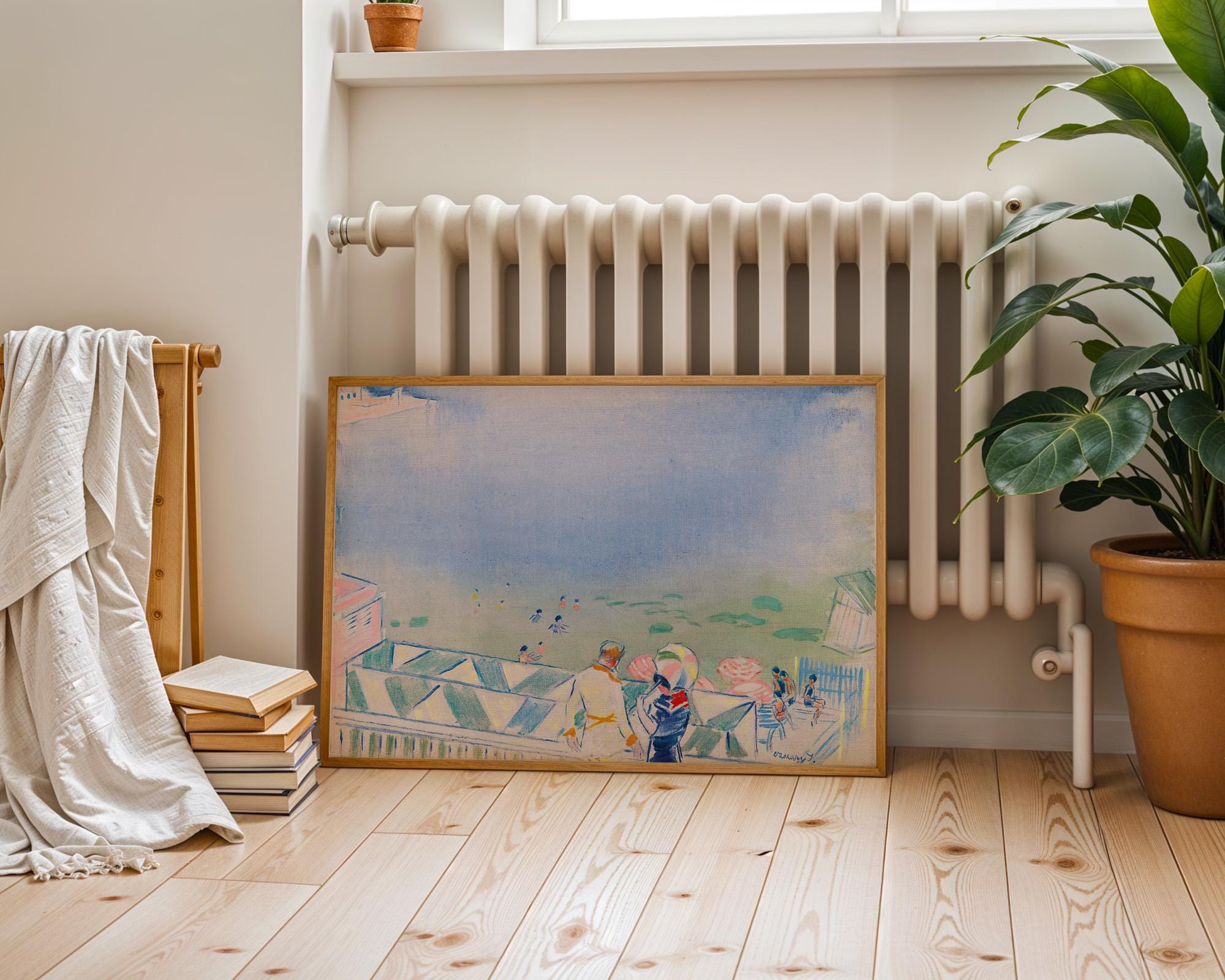 Beach landscape art print, Vintage coastal oil painting, Antique soft tone nautical wall art , Neutral seaside wall decor, digital download