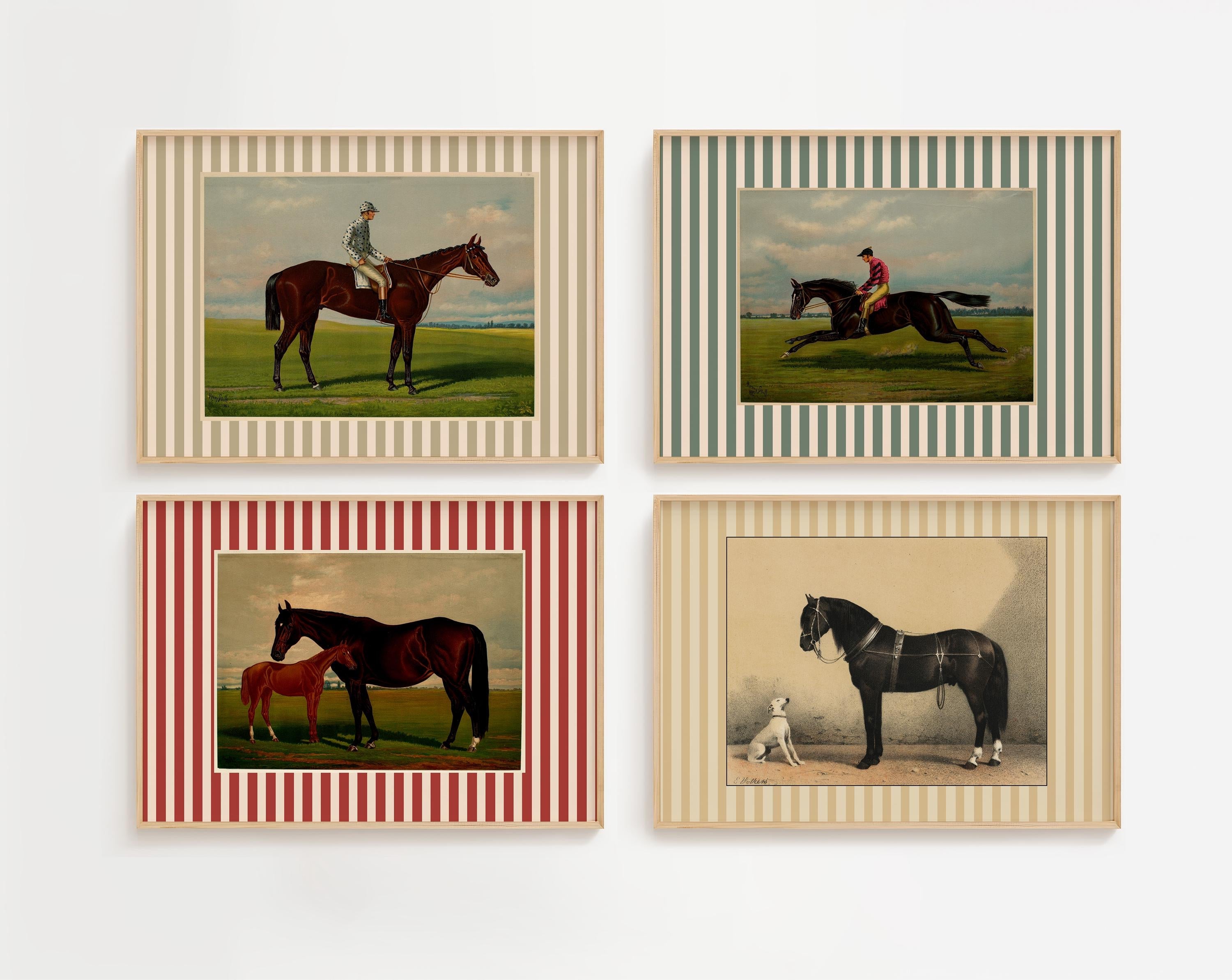 Vintage Set of 4 Horse Painting, Horse Gallery Wall Set, Antique Equestrian Print, Antique Farmhouse Wall Art, Nursery Decor - PRINTABLE