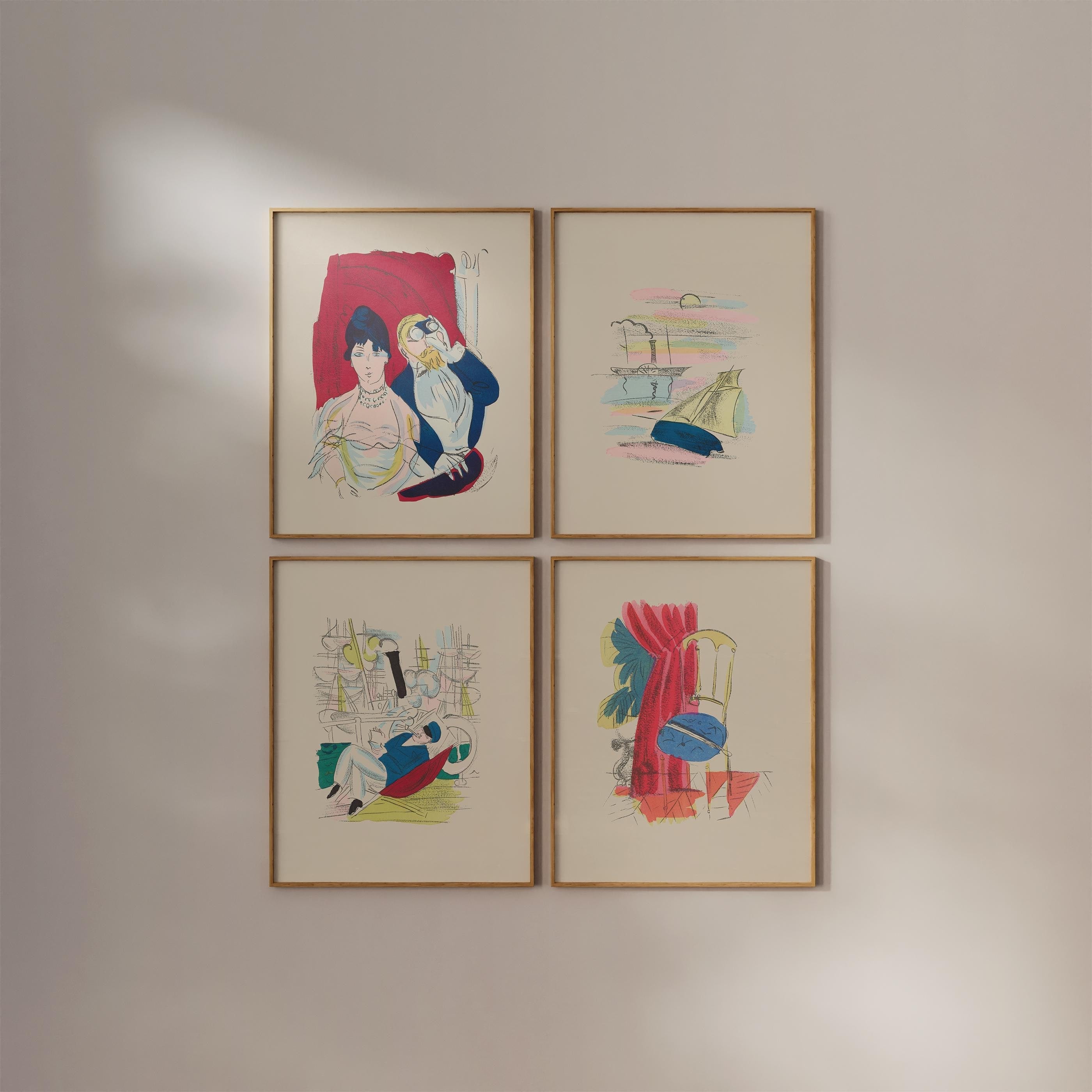 Bundle of 4 Retro Vintage Prints, Opera Decor, Digital Download, Paris Art Print, Sailing Art, Vintage Aesthetic, Sketch Art, Dufy