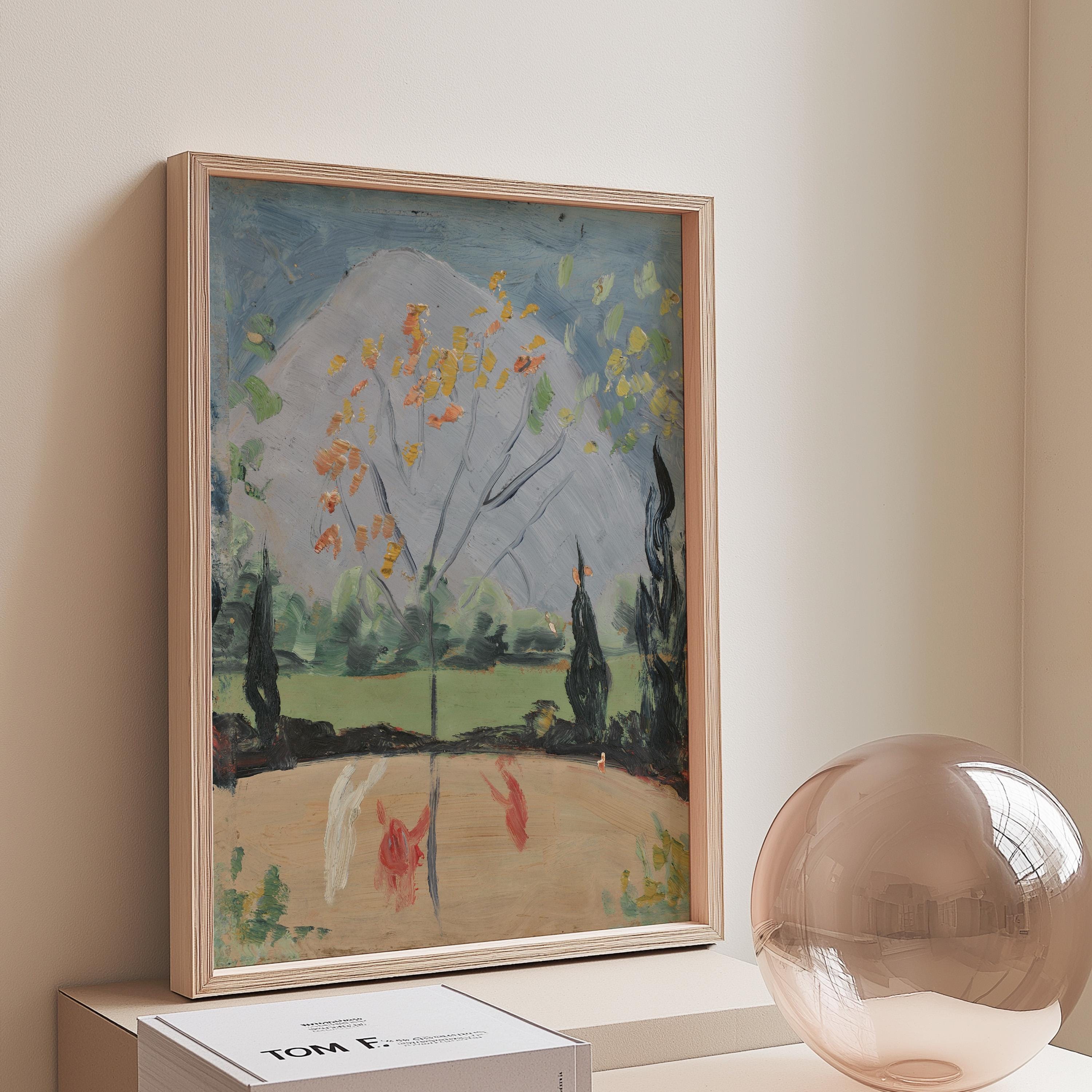 Nature Landscape Painting, Vintage Country Landscape Print, Yellow Floral Painting, Farmhouse Decor, Fruit Tree Painting, Printable Art