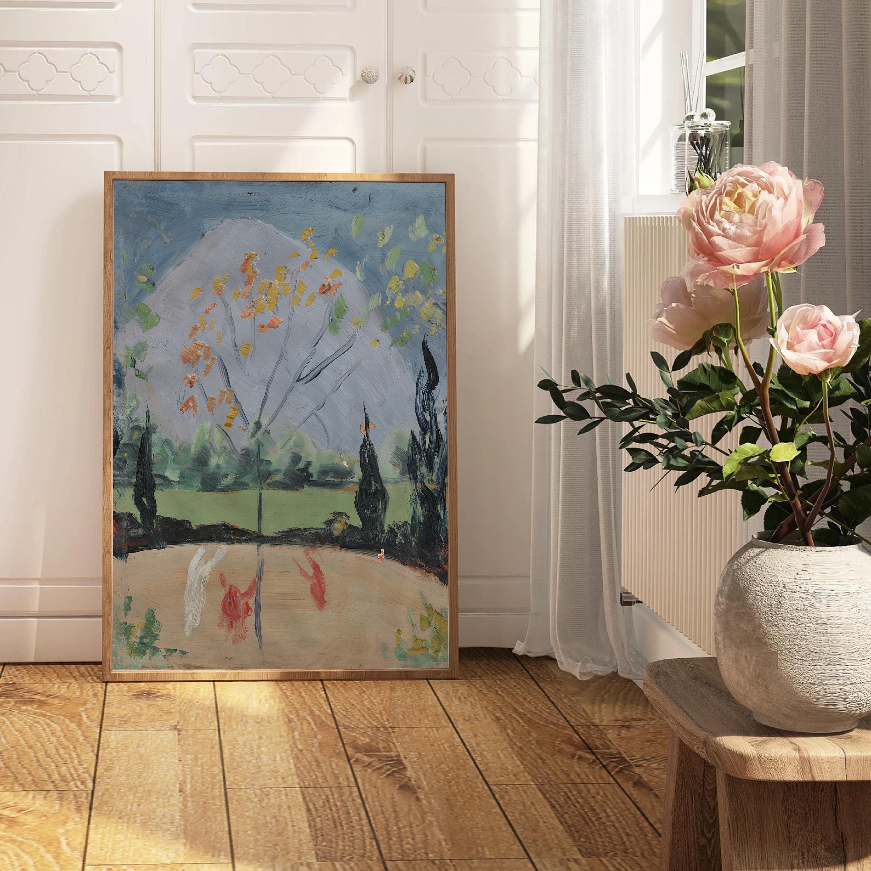 Nature Landscape Painting, Vintage Country Landscape Print, Yellow Floral Painting, Farmhouse Decor, Fruit Tree Painting, Printable Art