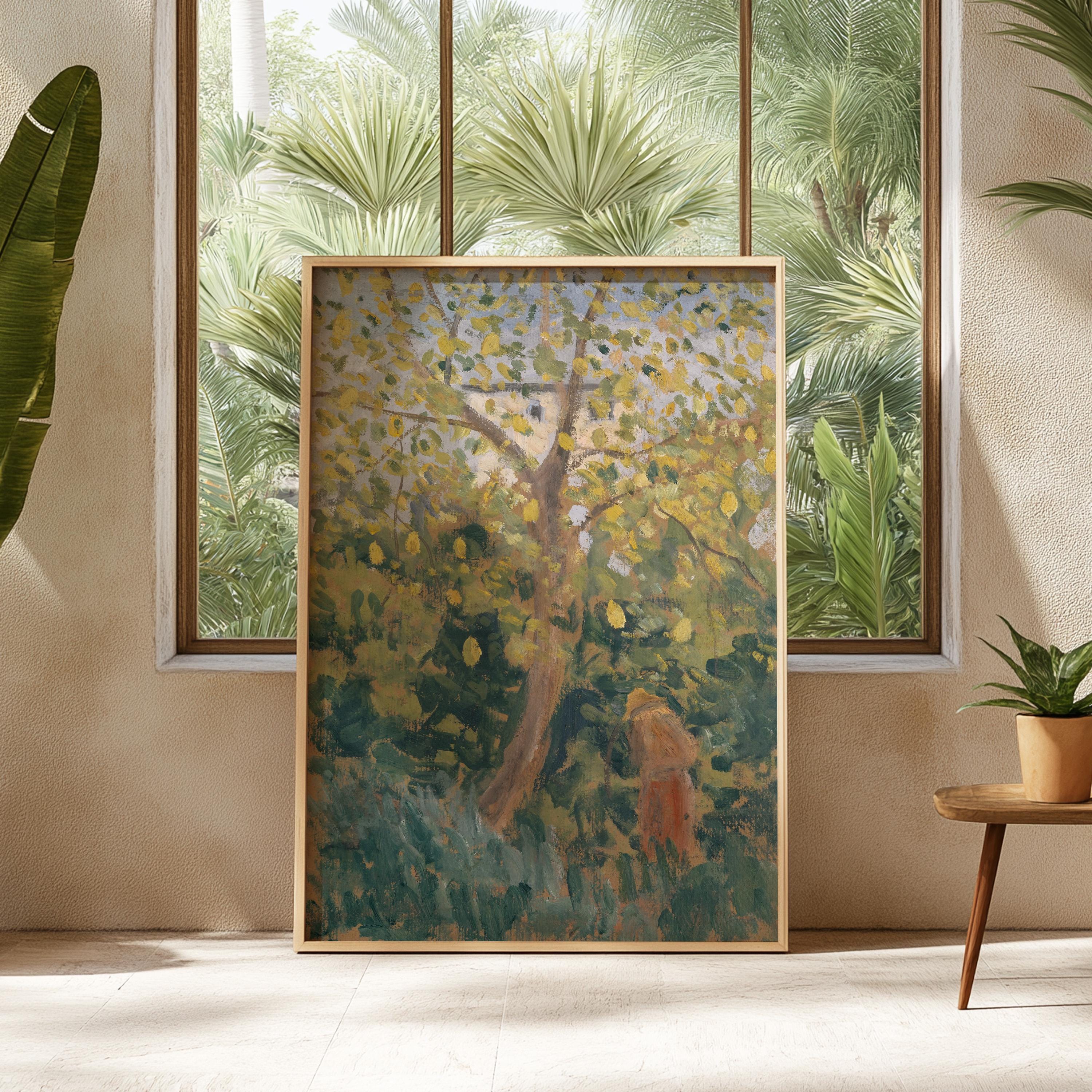 Nature Landscape Painting, Vintage Country Landscape Print, Yellow Floral Painting, Farmhouse Decor, Fruit Tree Painting, Printable Art