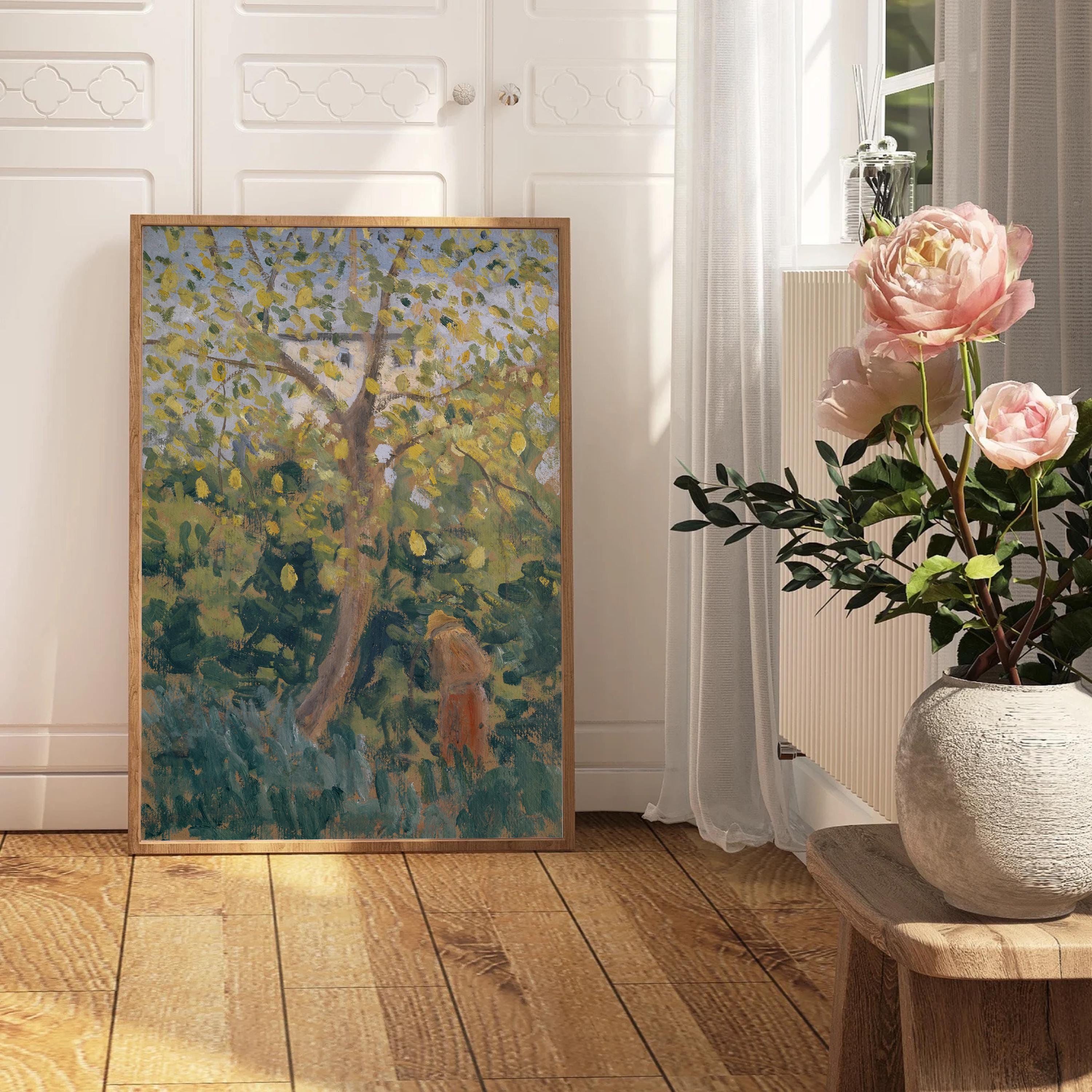 Nature Landscape Painting, Vintage Country Landscape Print, Yellow Floral Painting, Farmhouse Decor, Fruit Tree Painting, Printable Art