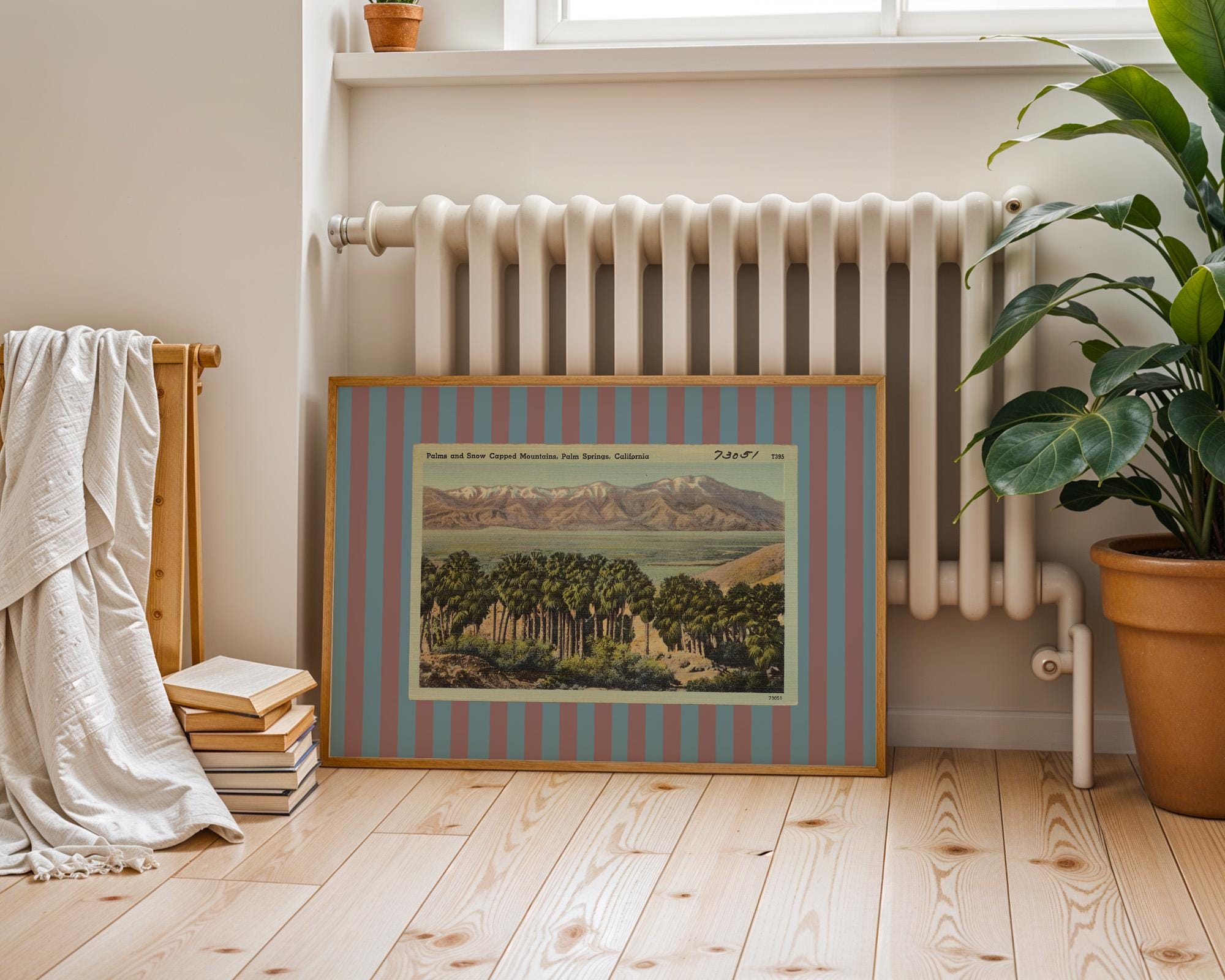 Vintage Desert Postcard Digital Art Print, Eclectic Wall Decor, Retro Desert Art Print, Trendy Striped Art, Desert Gift, Palm Springs Decor