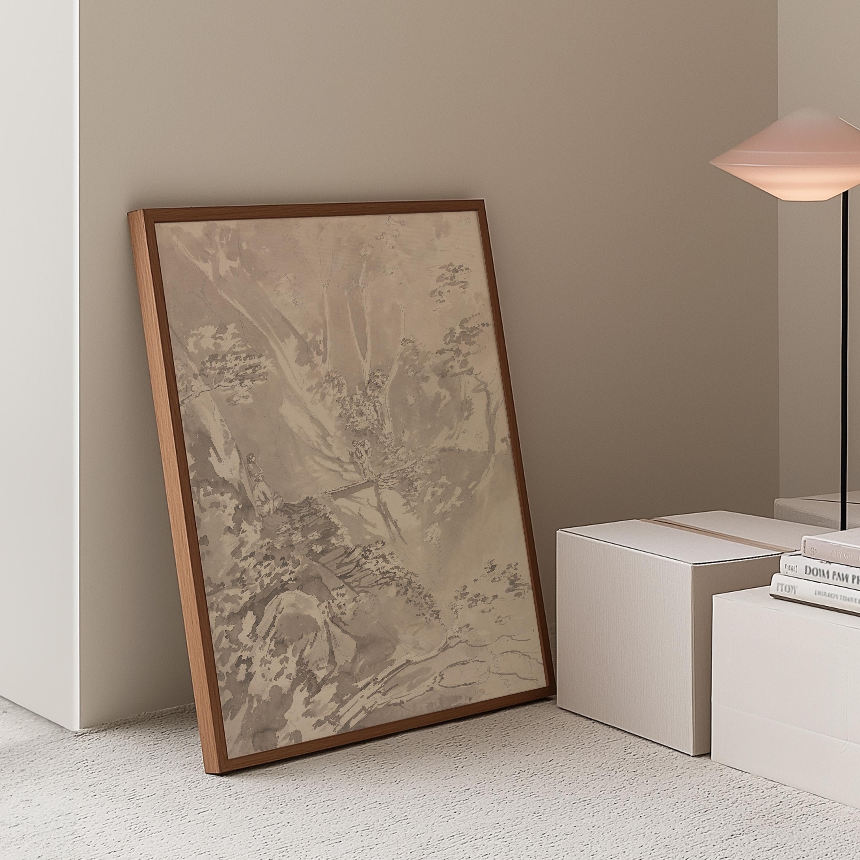 landscape Art Print, Vintage Painting, Printable Wall Art, Digital Download, Waterfall art Print, Black and Grey Sketch Art, European Art