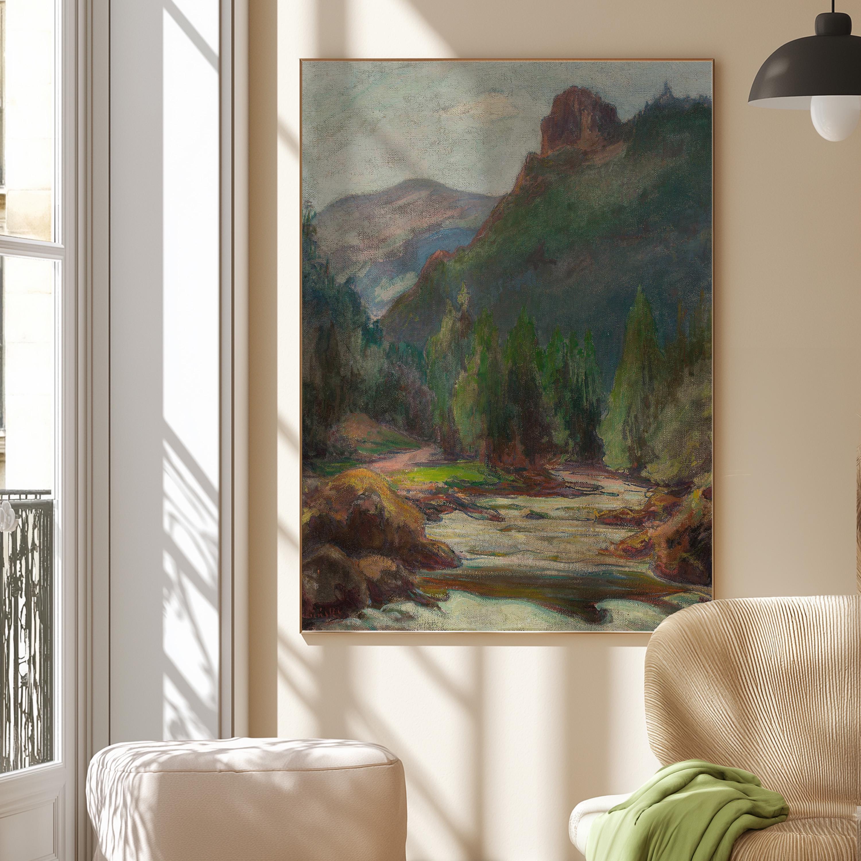 Nature Landscape Painting, Vintage Country Landscape Print, Mountain Landscape Painting, Farmhouse Decor, Nature Painting, Printable Art