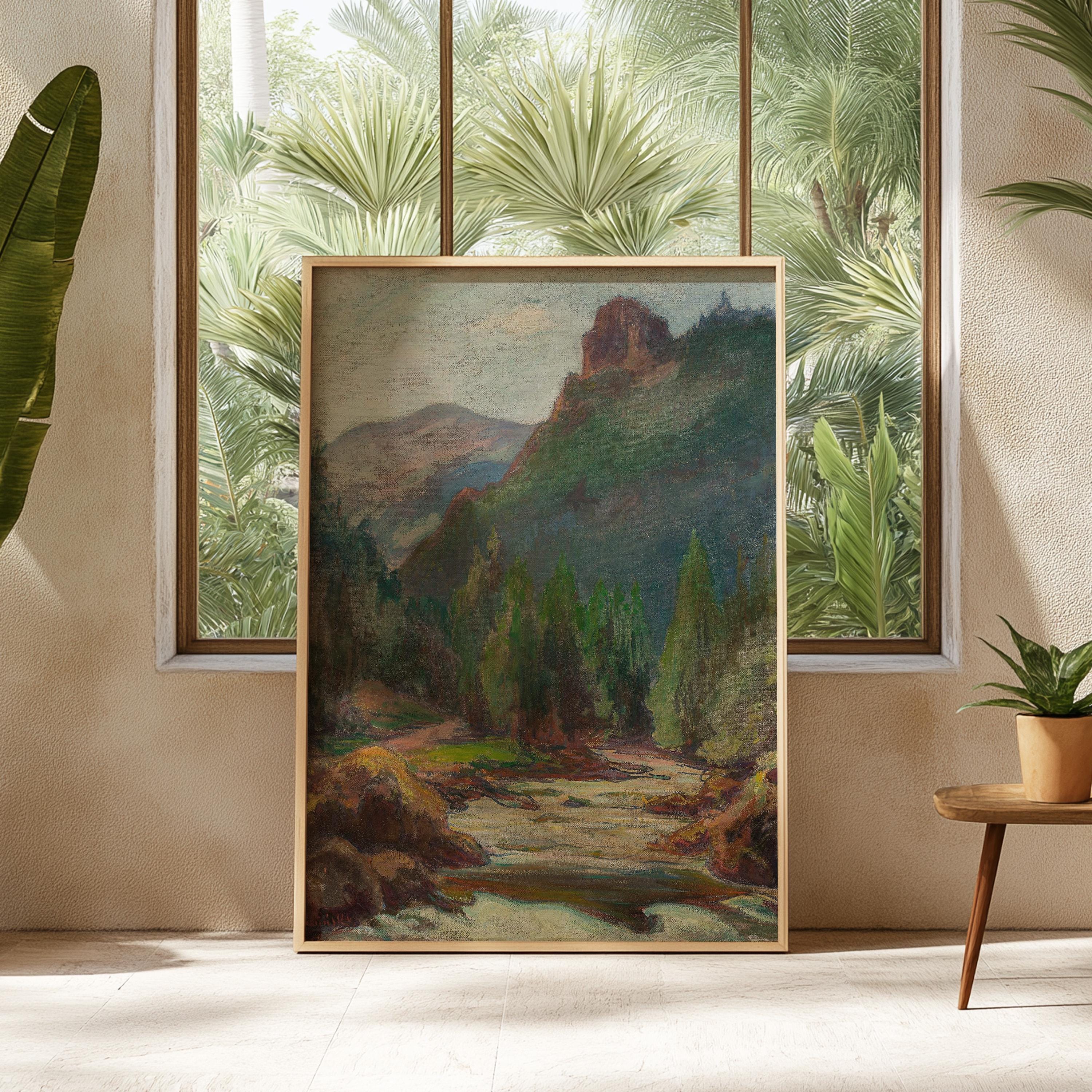 Nature Landscape Painting, Vintage Country Landscape Print, Mountain Landscape Painting, Farmhouse Decor, Nature Painting, Printable Art