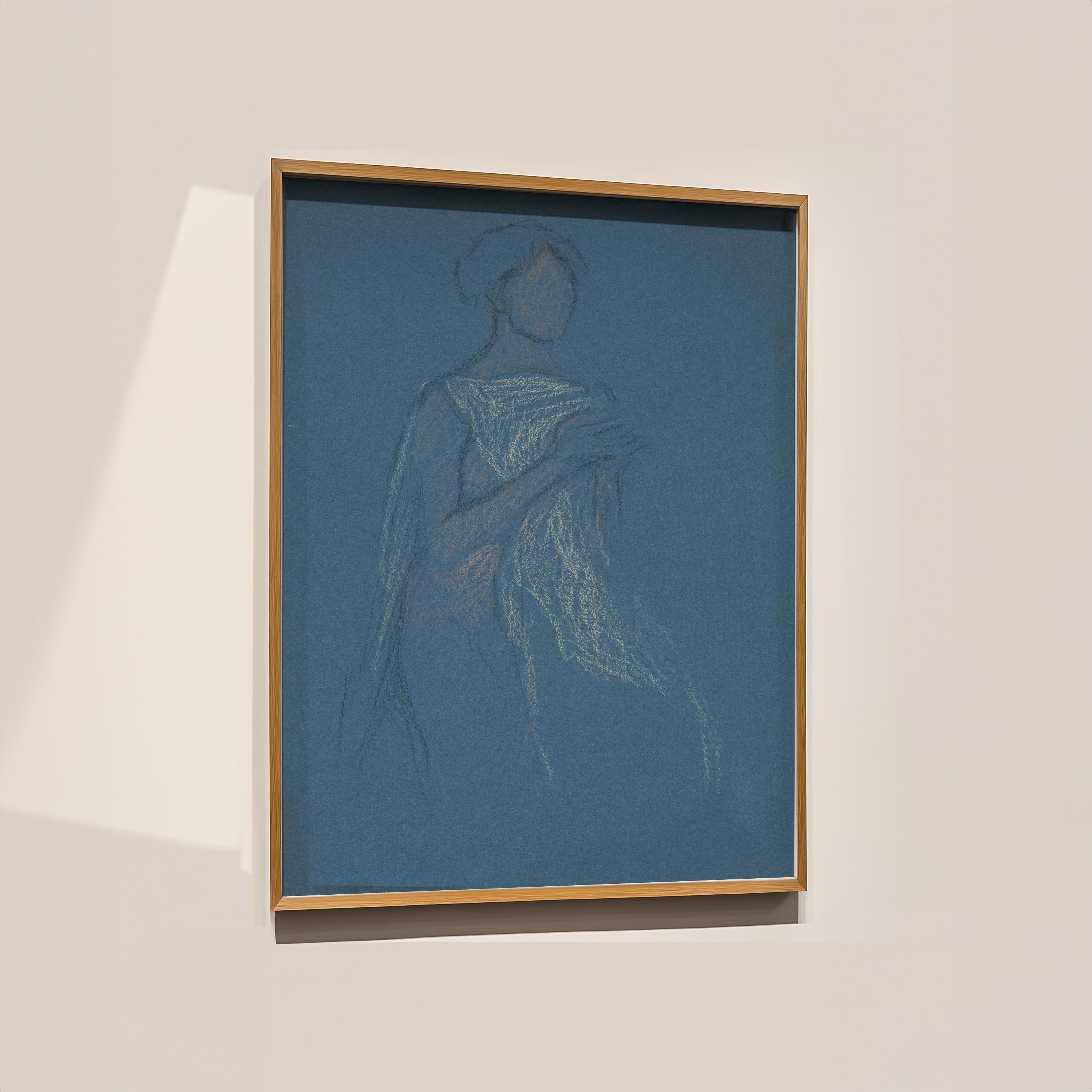 Abstract Portrait Wall Art, Vintage Drawing, Blue Living Room Decor, Downloadable Print, Large Wall Art, Vintage Art Print