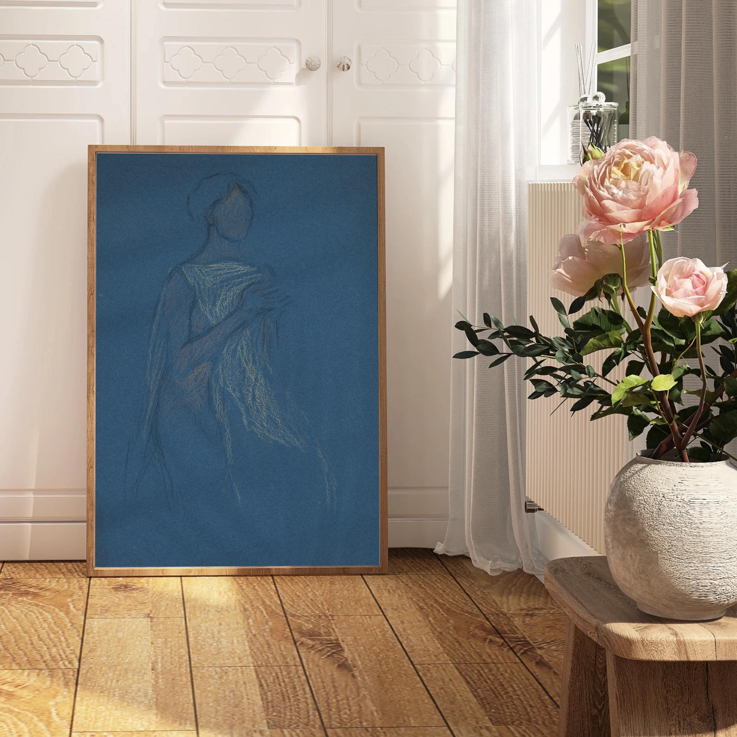 Abstract Portrait Wall Art, Vintage Drawing, Blue Living Room Decor, Downloadable Print, Large Wall Art, Vintage Art Print