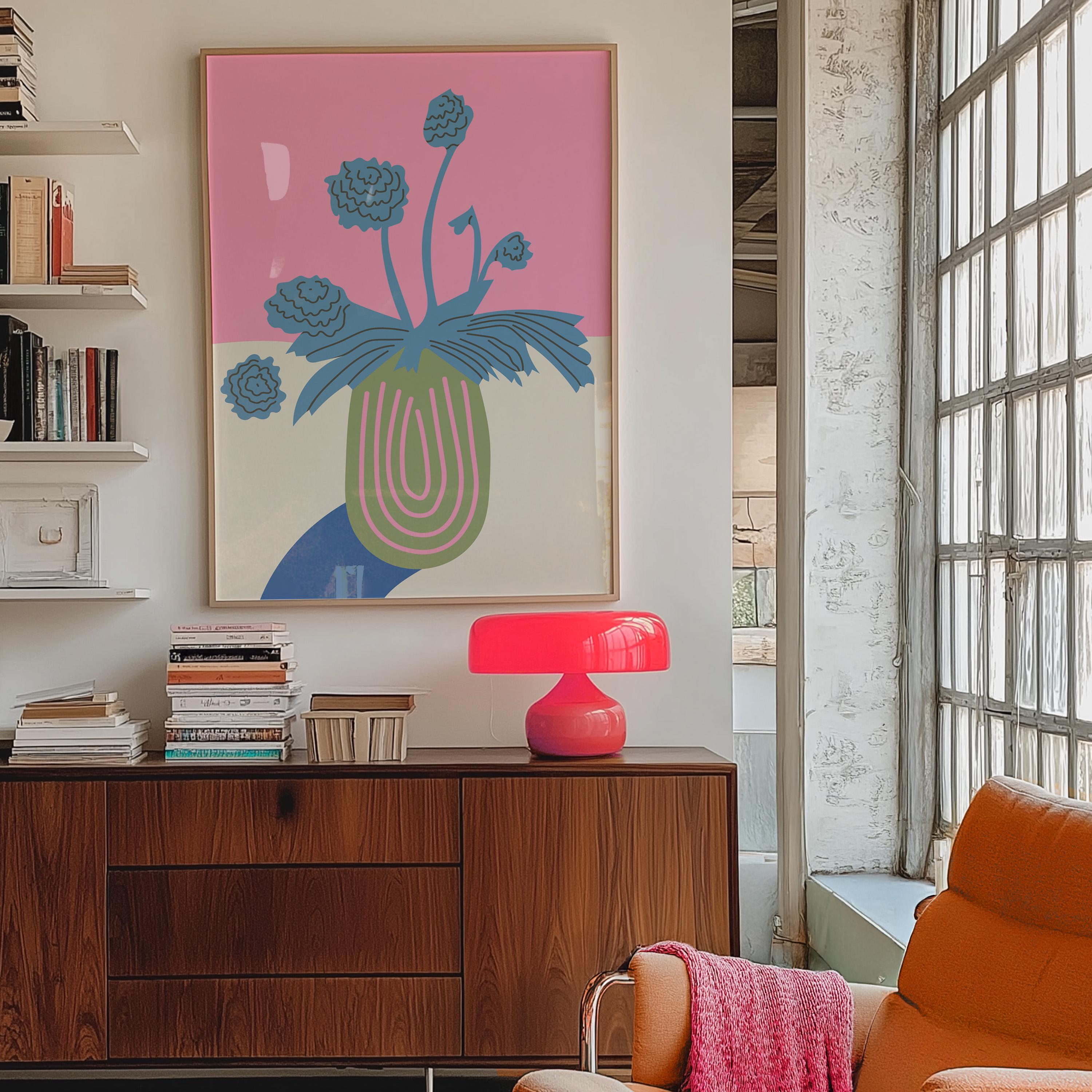 Abstract Flower Poster, Retro Flowers Print, Colourful Abstract Wall Art, Matisse Green & Pink Flower Print, Boho Flowers Art Print