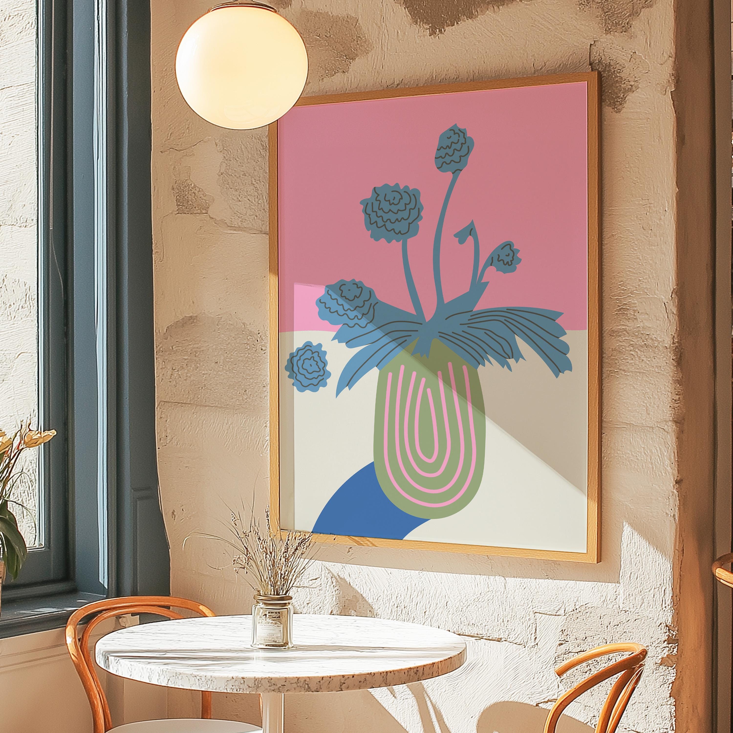 Abstract Flower Poster, Retro Flowers Print, Colourful Abstract Wall Art, Matisse Green & Pink Flower Print, Boho Flowers Art Print