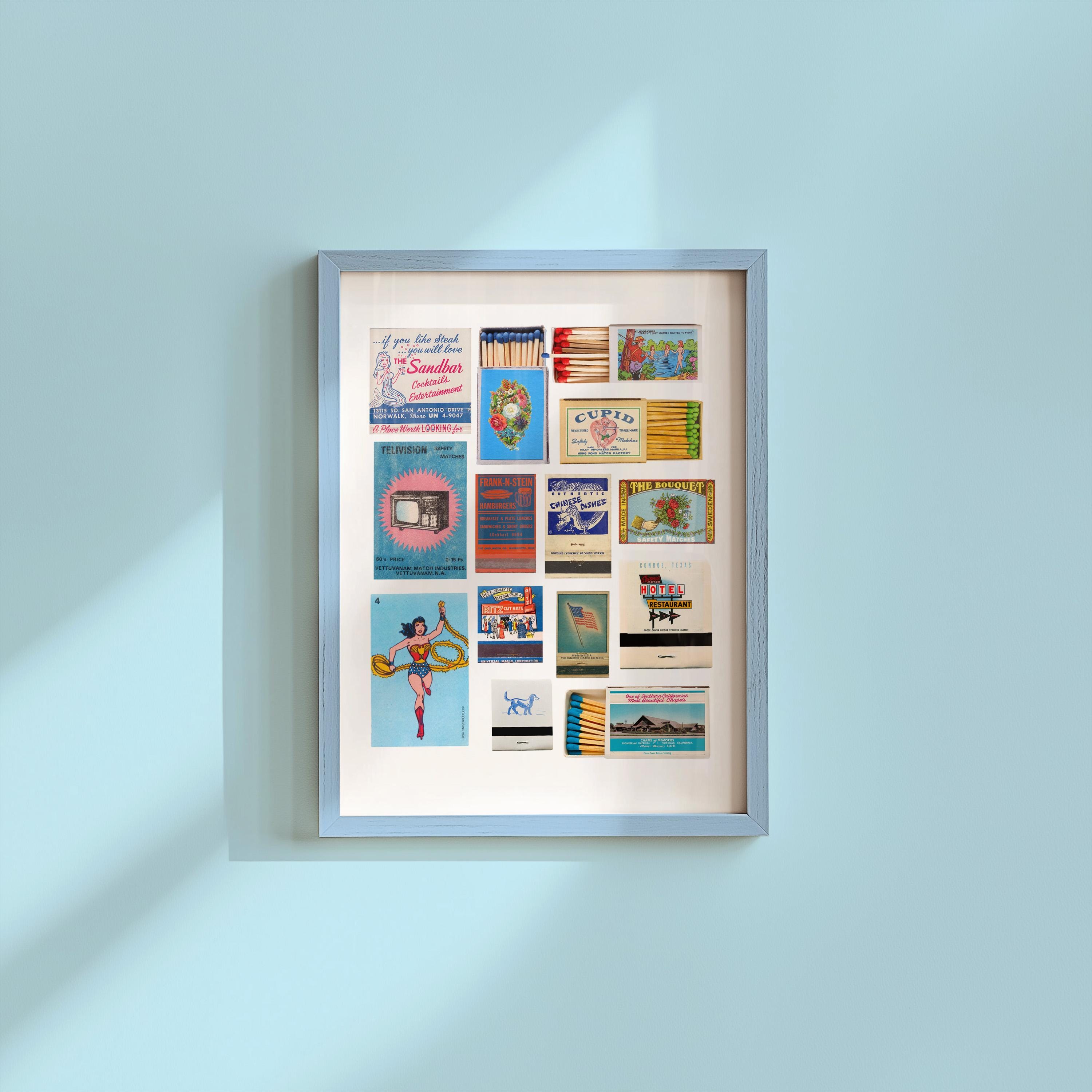 Blue Matchbox Print, Trendy Matches Poster, Retro Matchbook Wall Art, Bar Cart Aesthetic Print for Apartment, Instant Digital Download