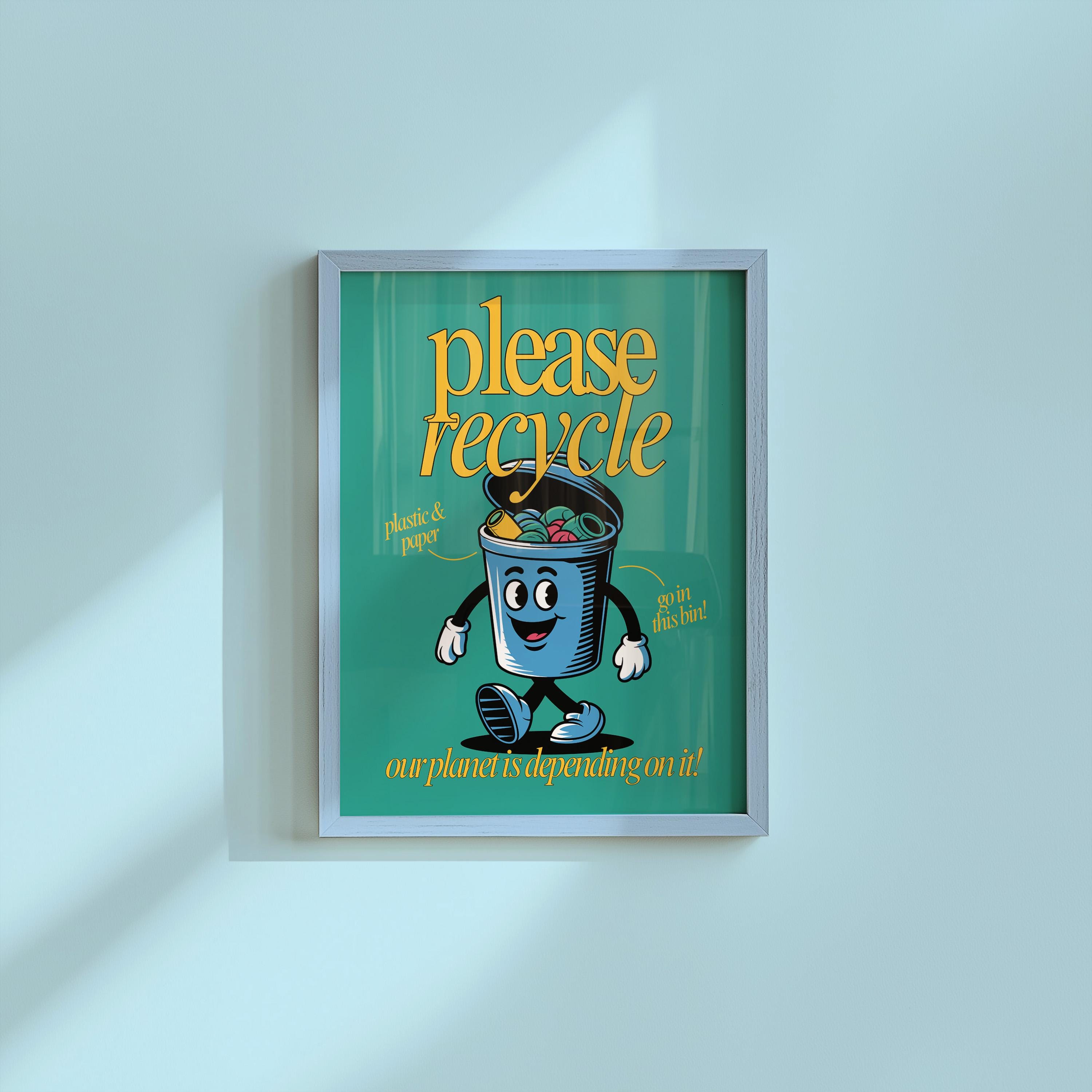 Recycle Art, Downloadable Print, Cartoon Art Print, Retro Character Art, Trendy Posters, Vintage Mascot Art, Cute Classroom Art Print