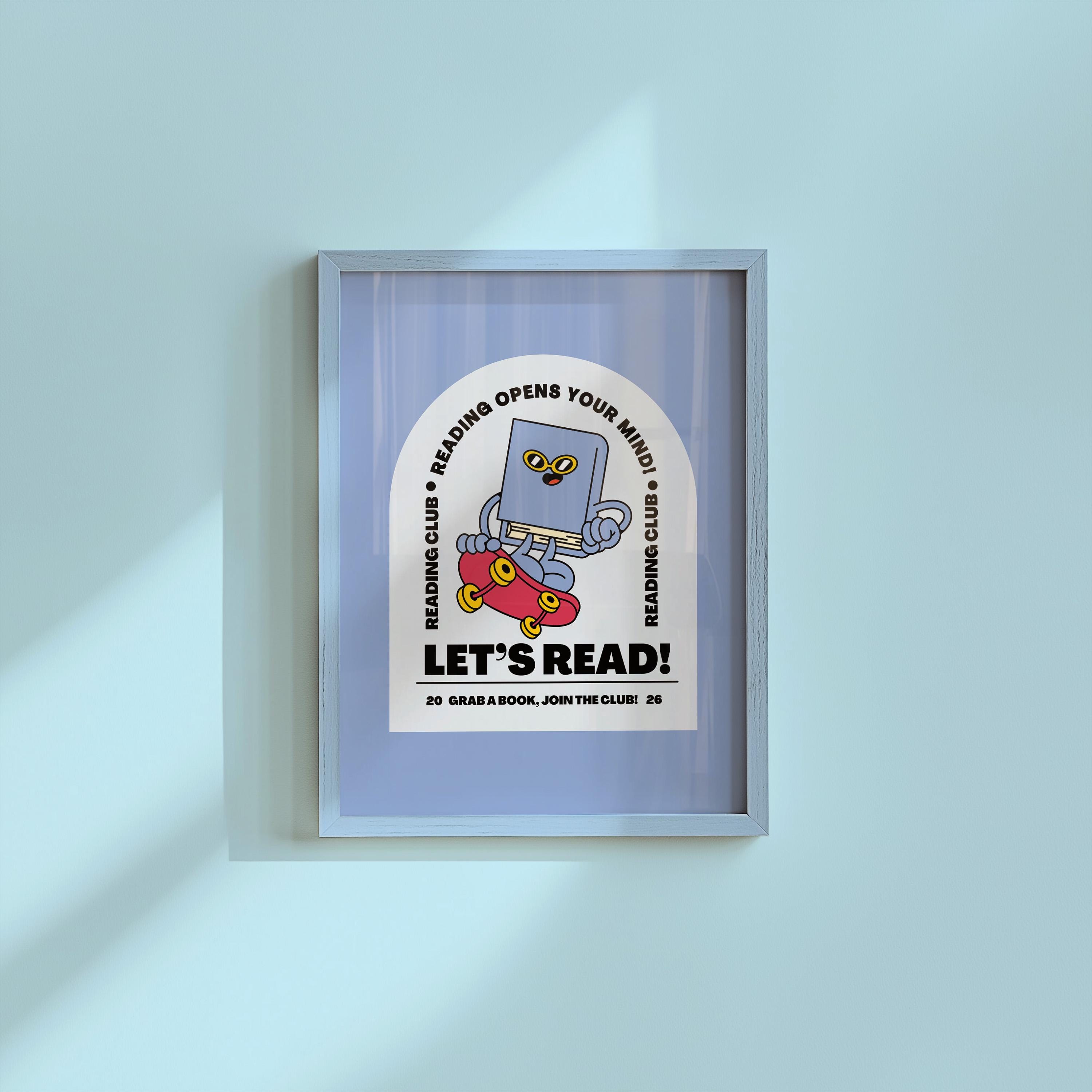 Book Club Art Print - Cute Retro Classroom Art, Funky Groovy Blue Poster, Book Cartoon, Retro Mascot Wall Decor for Kids