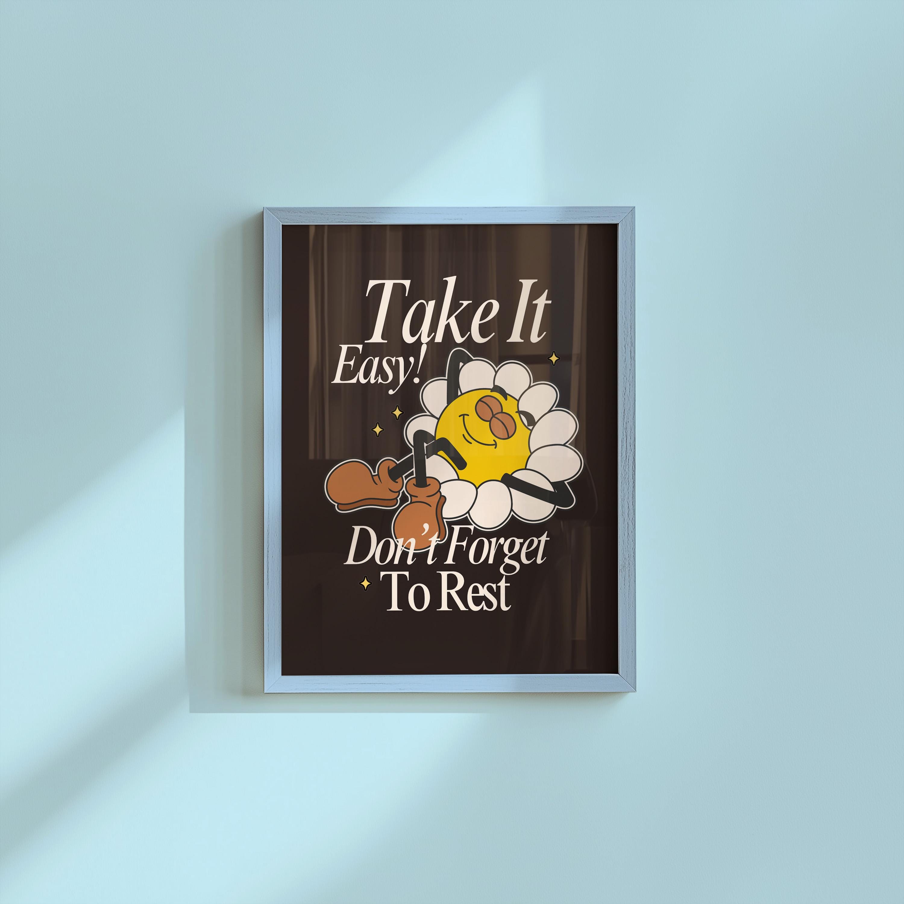 Take It Easy Art-Digital Prints-Retro Art Quote-Floral Art-Classroom Art Print-Kids Art-Flower Art Print-Cute Cartoon Art, Retro art print