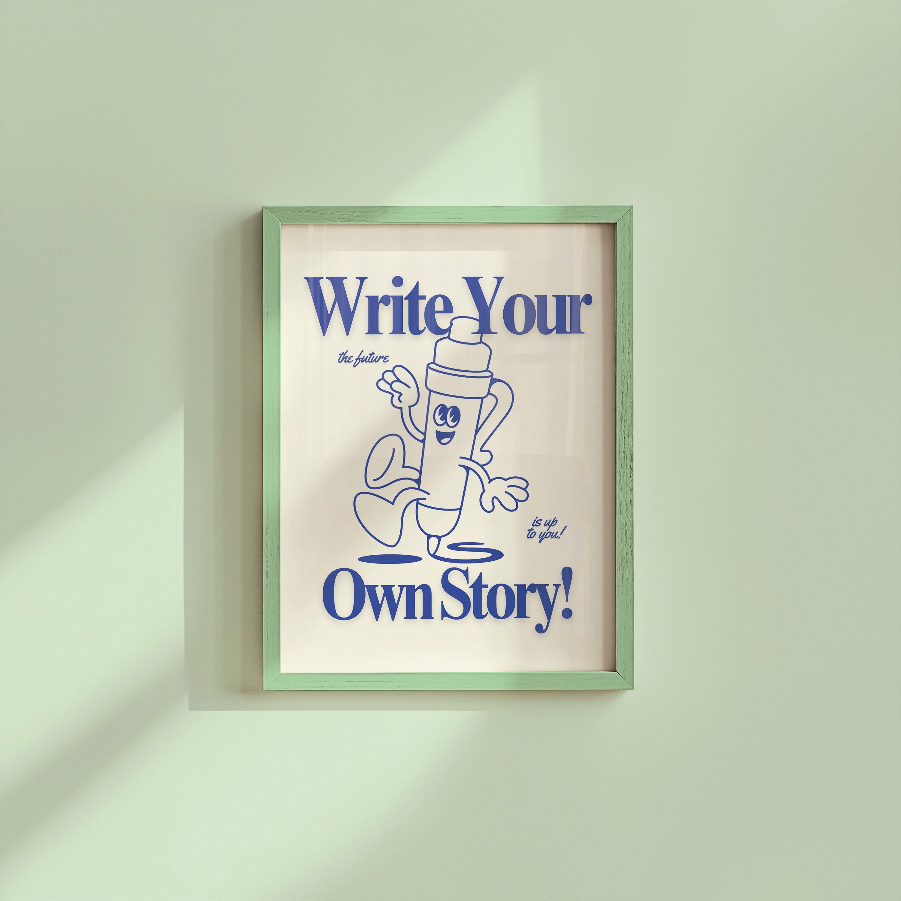 Writing Classroom Art: Cute Retro Print Classroom Poster, Funky Pencil Cartoon, Groovy Blue Decor, Retro Mascot Wall Art