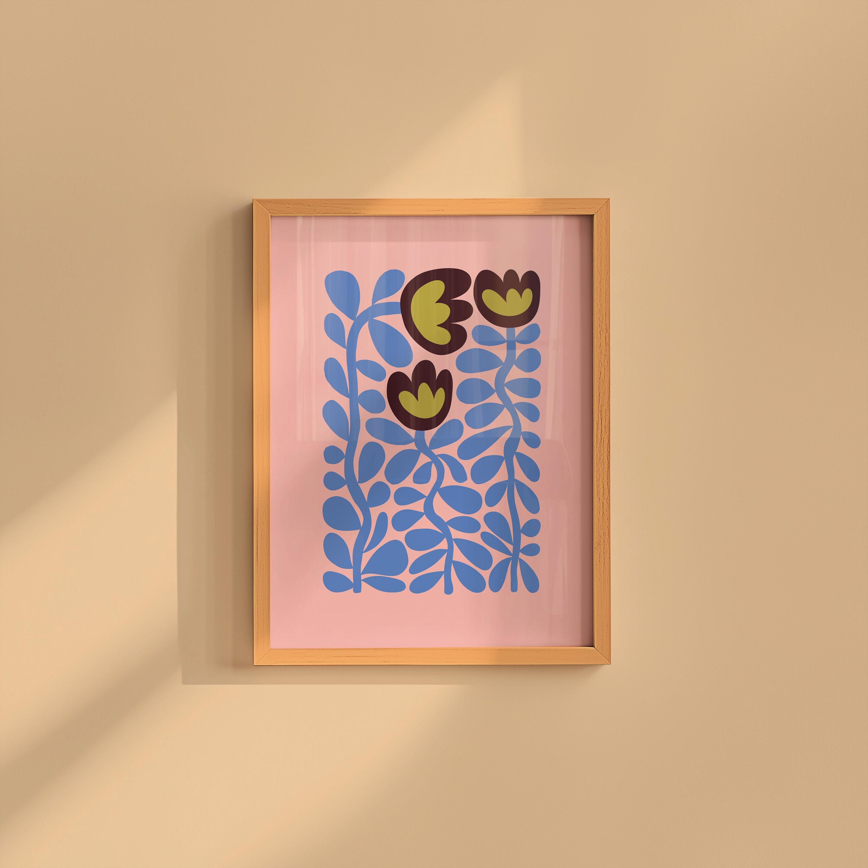abstract floral art, pink flower posters, digital download, blue floral art print, 70s style floral art, Maximalist Art, groovy flower