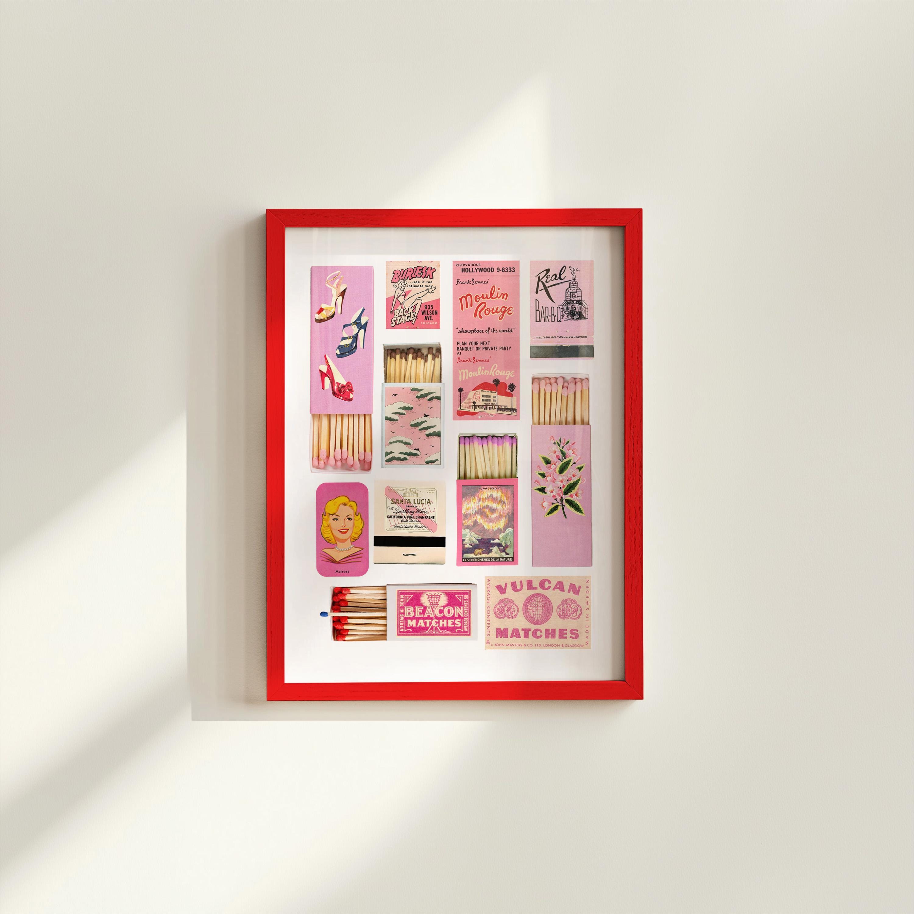 Pink Matchbox Print, Trendy Matches Poster, Retro Matchbook Wall Art, Bar Cart Aesthetic Print for Apartment, Instant Digital Download