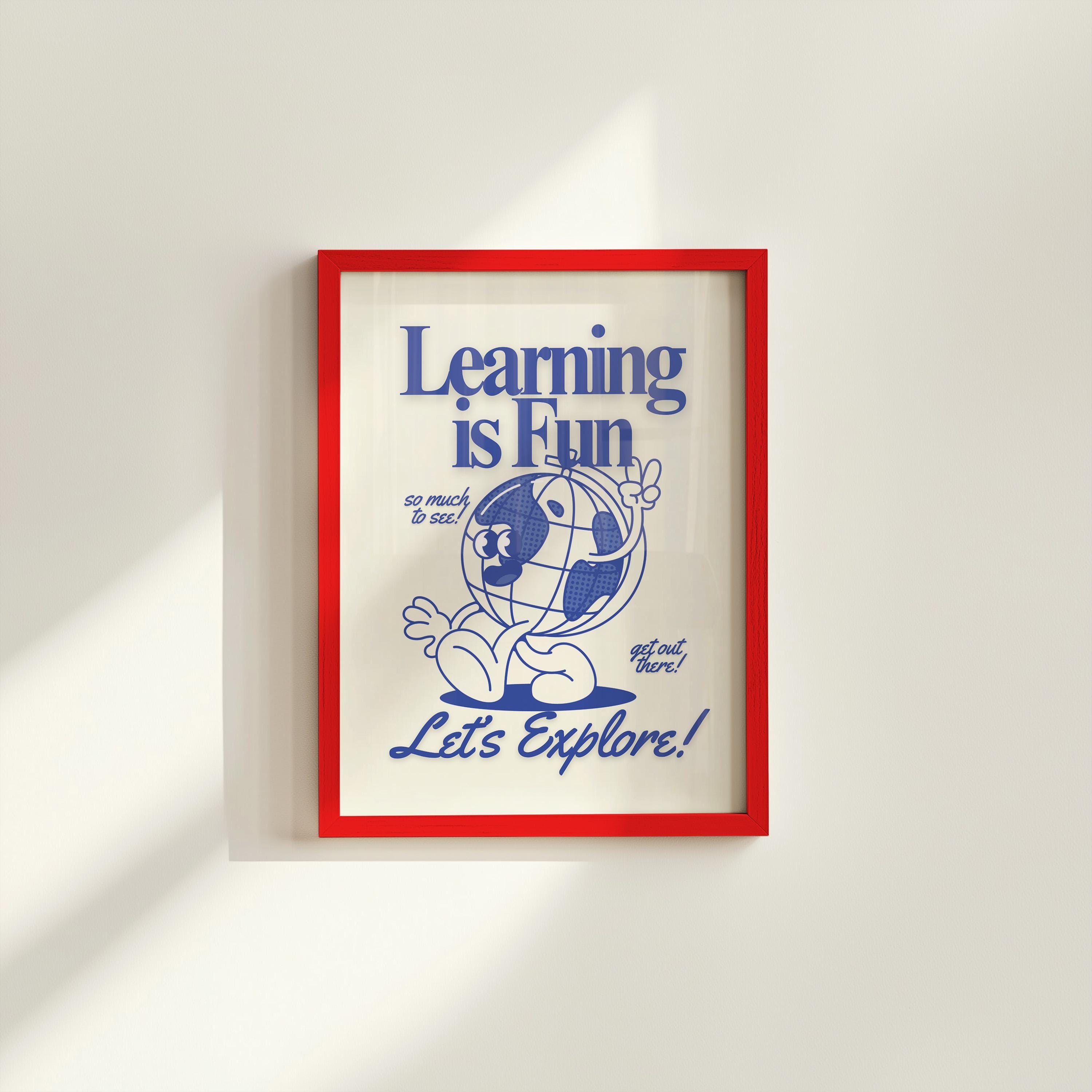 Go Explore Art, Classroom Art, Learning Is Fun Art, Globe Cartoon, Retro Mascot Print, Funky Groovy Minimal Blue Classroom Retro Poster