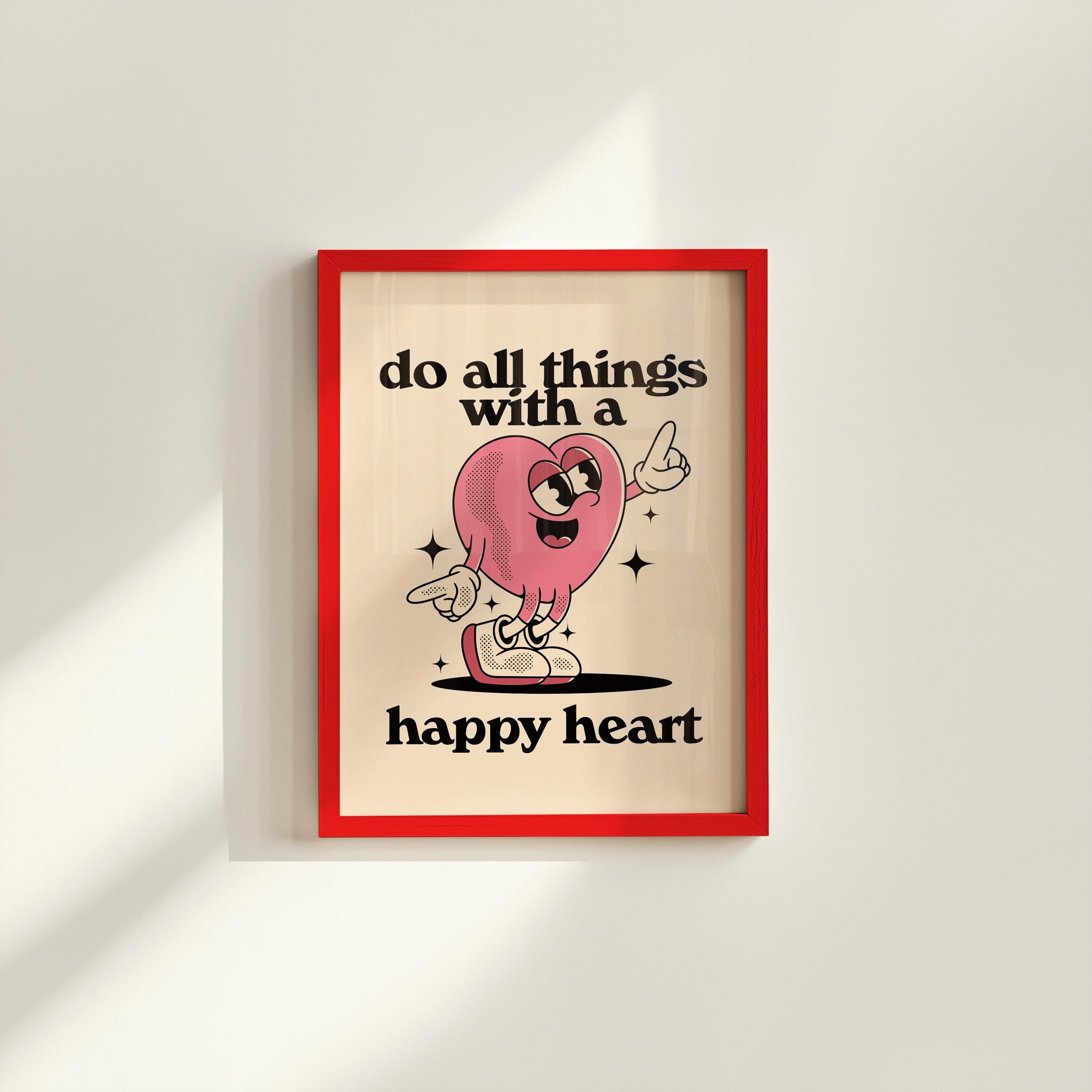 Happy Heart Trendy Posters | Classroom Art & Kids Room Downloadable Print | Cute Cartoon Vintage Mascot Art