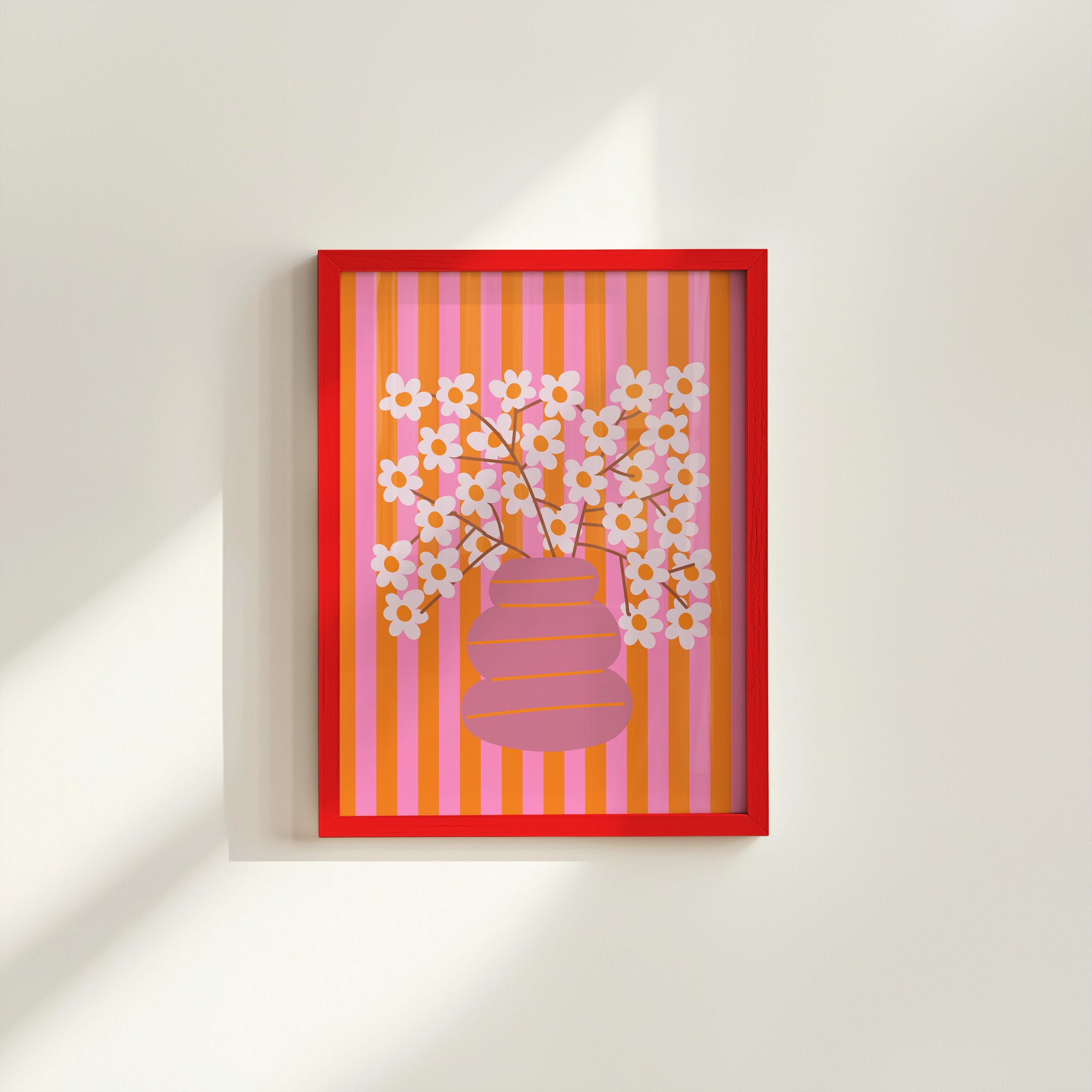 Flower Poster, Botanical Print, Digital Download, Hand Drawn Flower Print, Retro Floral Poster, Striped Floral Print, Flowers Wall Art