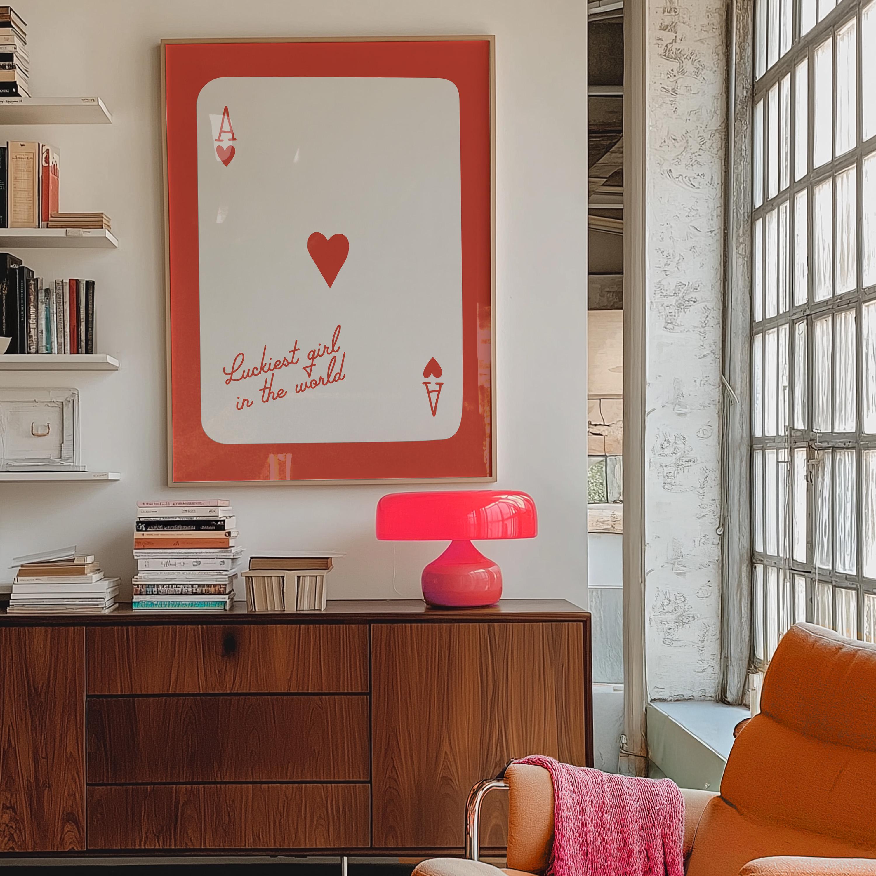 Ace of Hearts, Lucky Girl Quote, Retro Card Posters, Lucky Girl Syndrome Art, Trendy Wall Art, Aesthetic Print, Dorm Art, Ace of Hearts Art