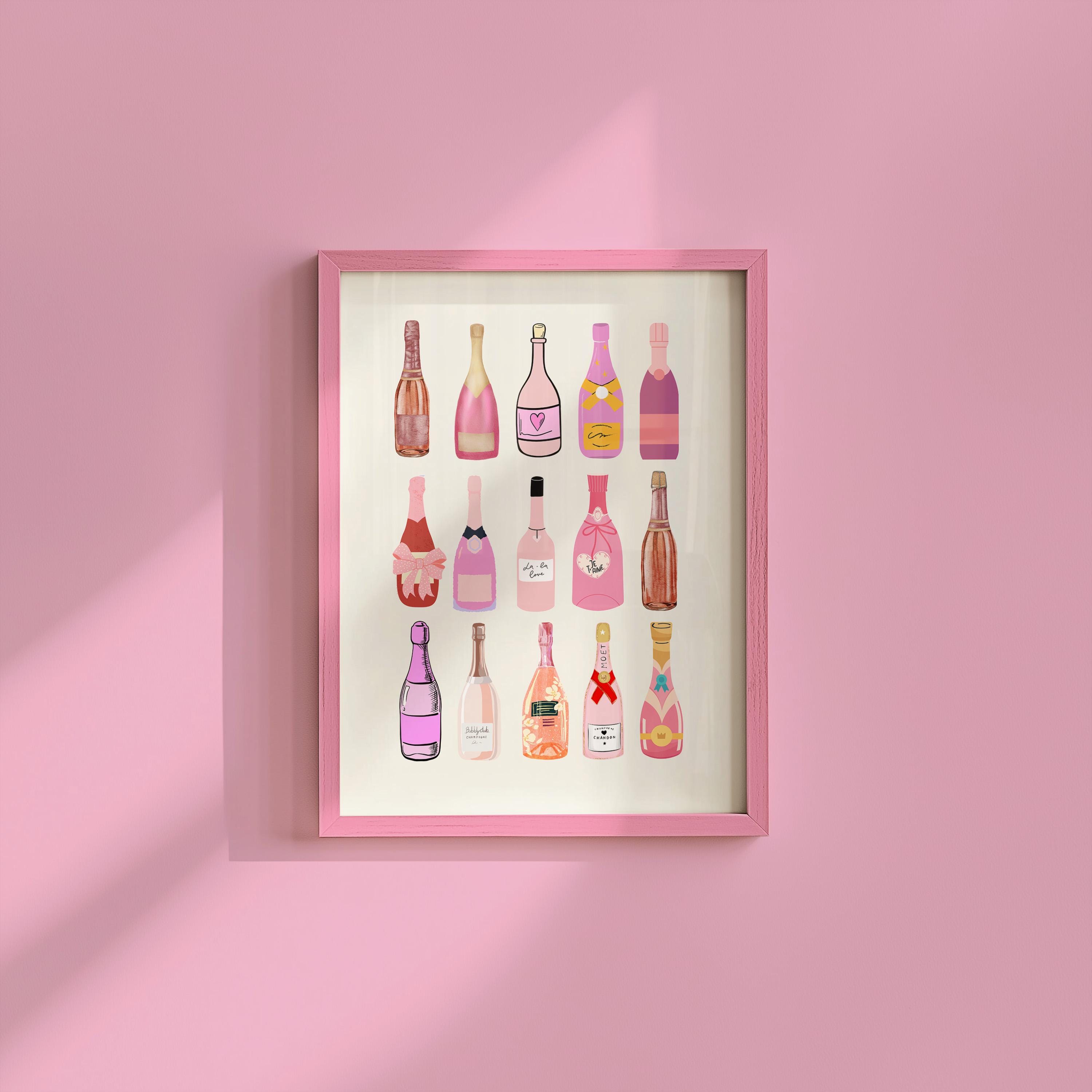 Retro Champagne Poster, Wall Print, Digital Download, Preppy Pink Prints, Doll Art, Vintage champagne Art, Y2K Aesthetic, Girly Bar Art