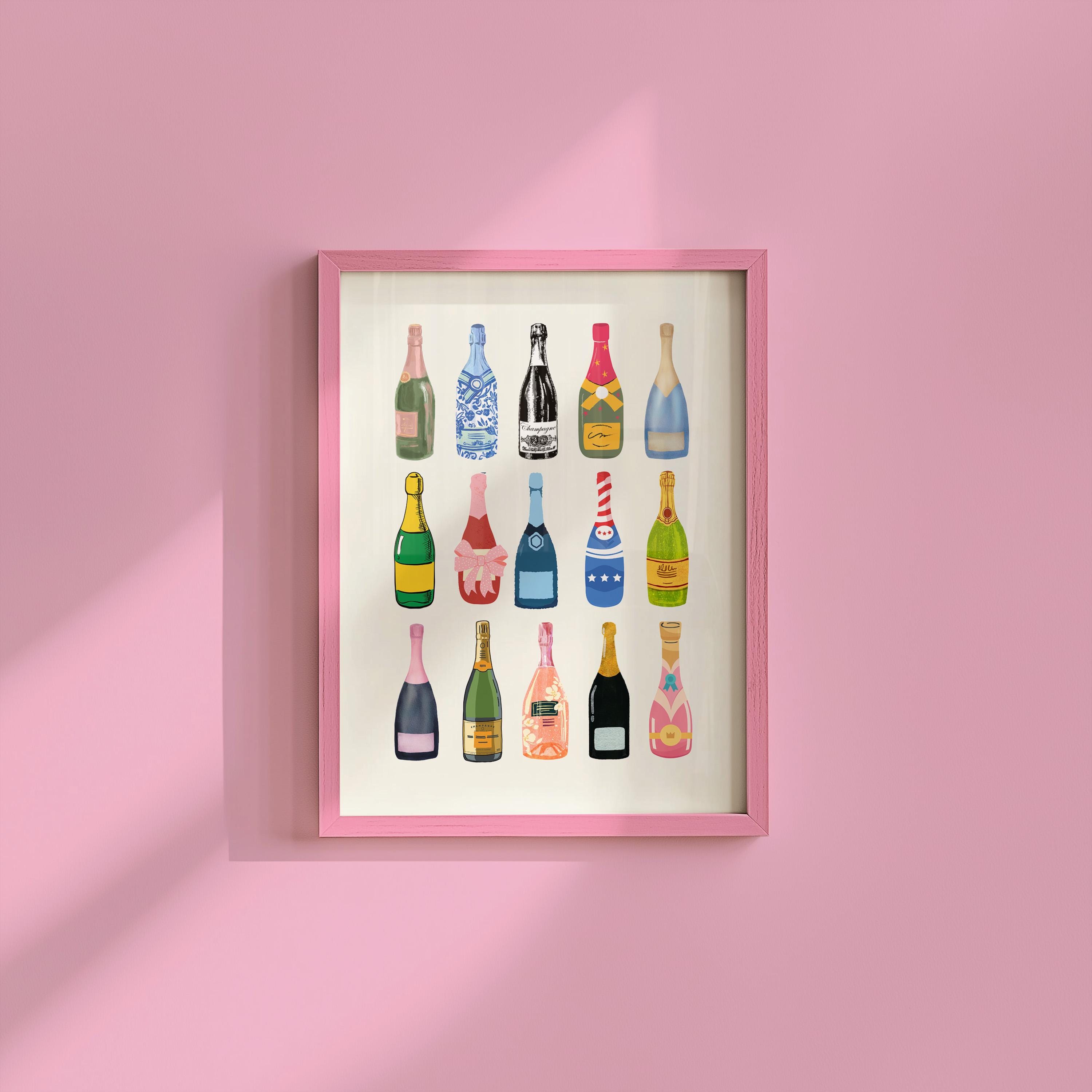 Retro Champagne Poster Digital Download - Y2K Aesthetic Art for Bar Cart - Girly Pink Prints - Vintage Drink Art