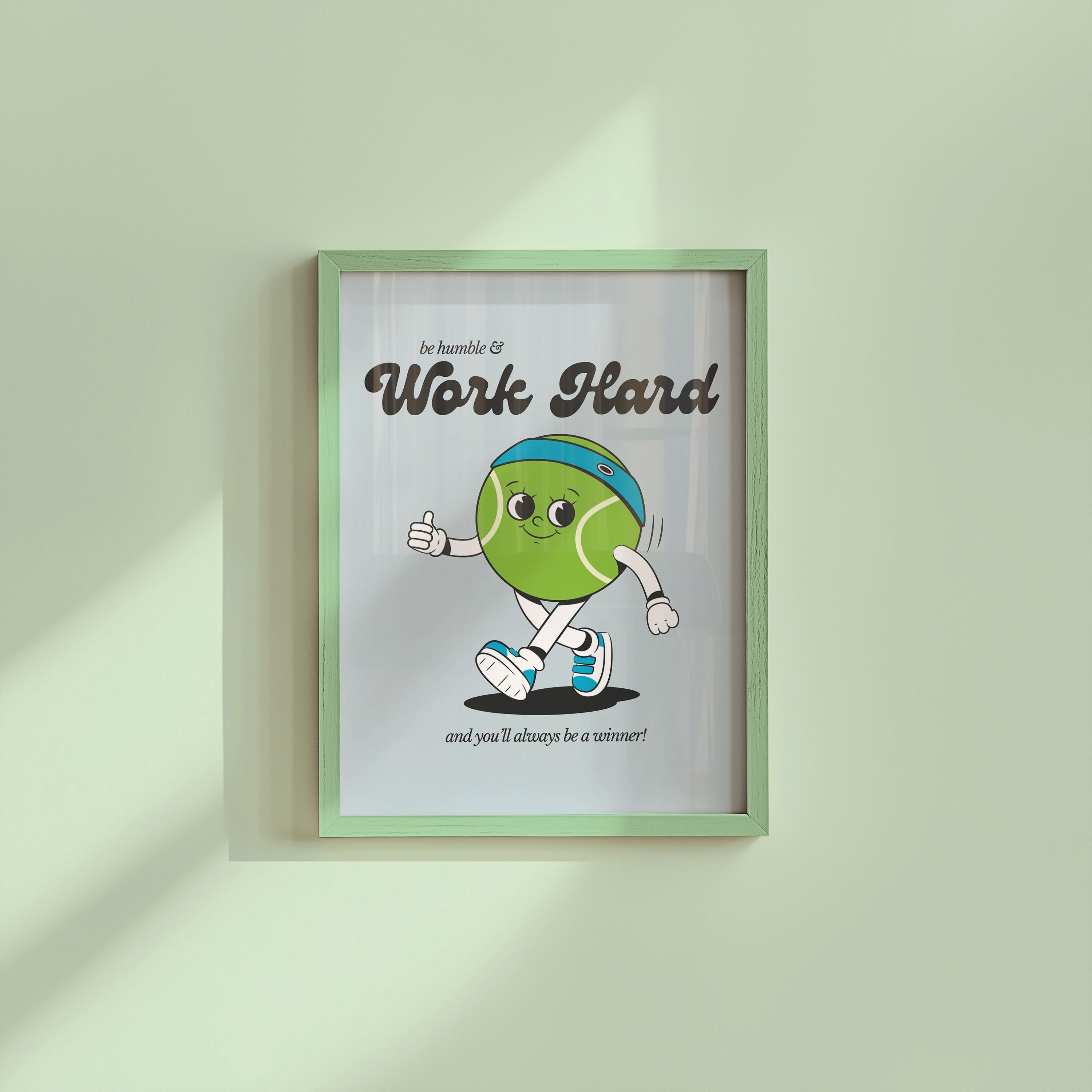 Work Hard Print, Retro Tennis Print, Blue Wall Print, Cute Kids Wall Art, Retro Cartoon Poster, Retro Quote Print, Cartoon Prints, Kid Art