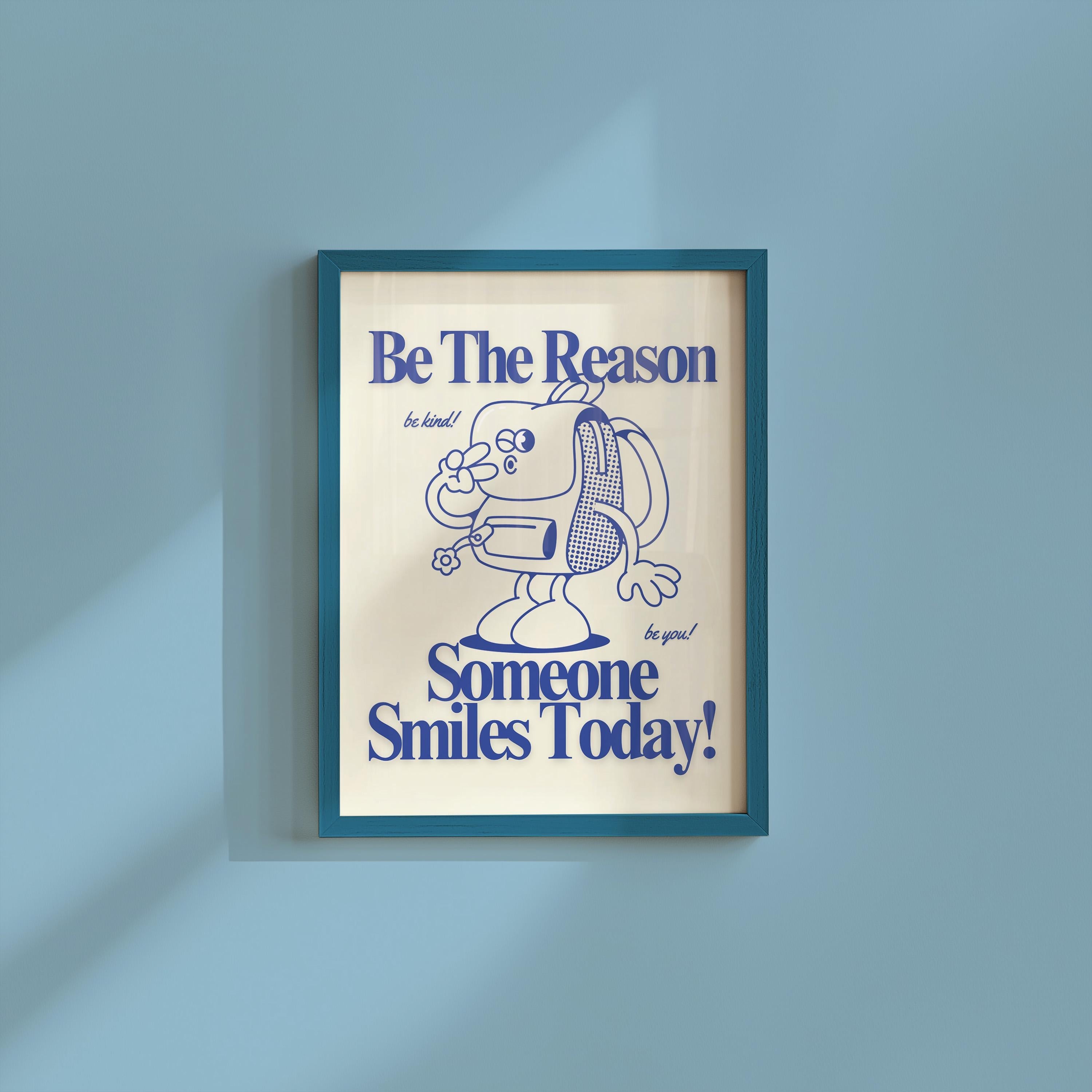 School Art Print, Cute Retro Backpack Cartoon & Funky Groovy Minimal Blue Classroom Poster