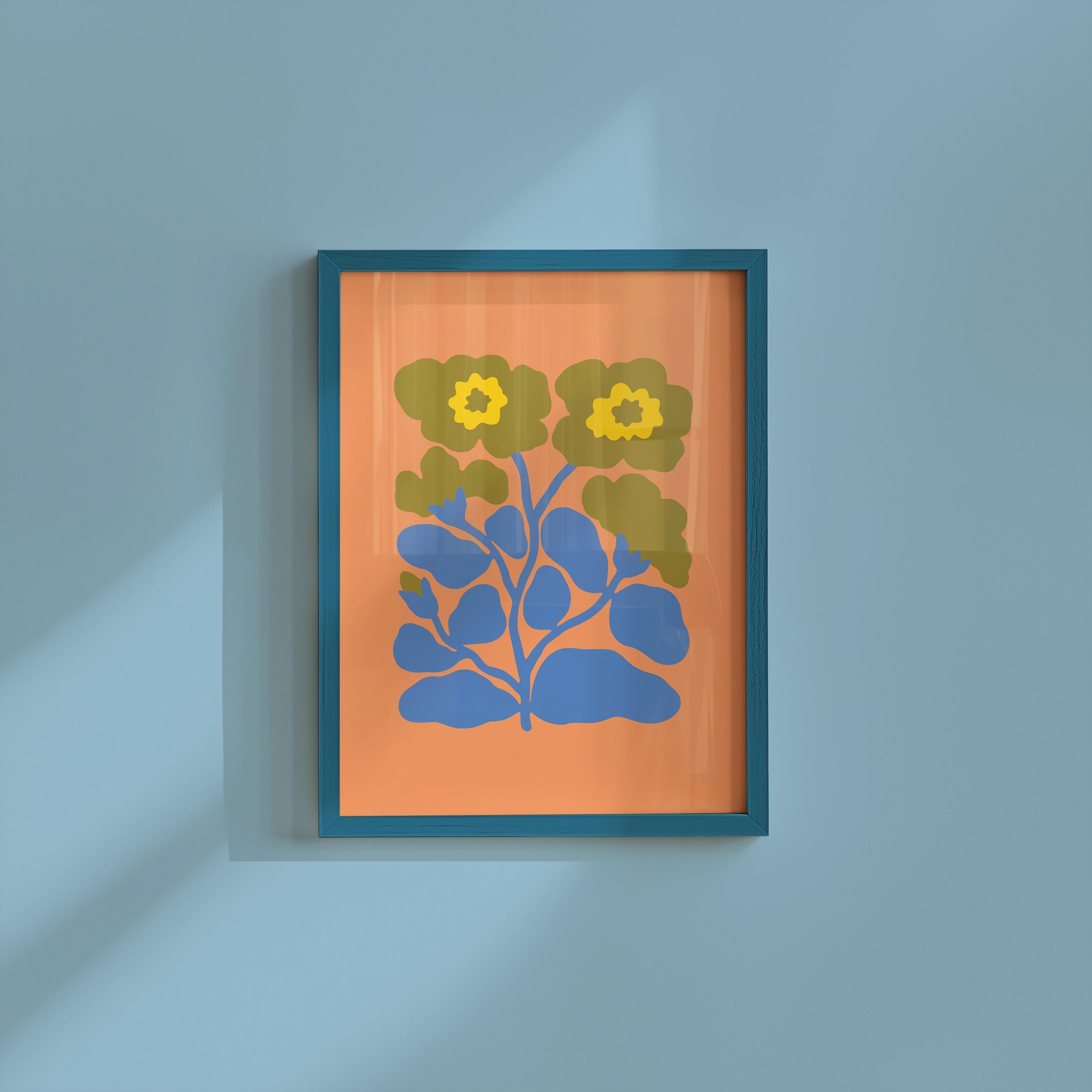 abstract floral art, orange flower posters, digital download, blue floral art print, 70s style floral art, Maximalist Art, groovy flower