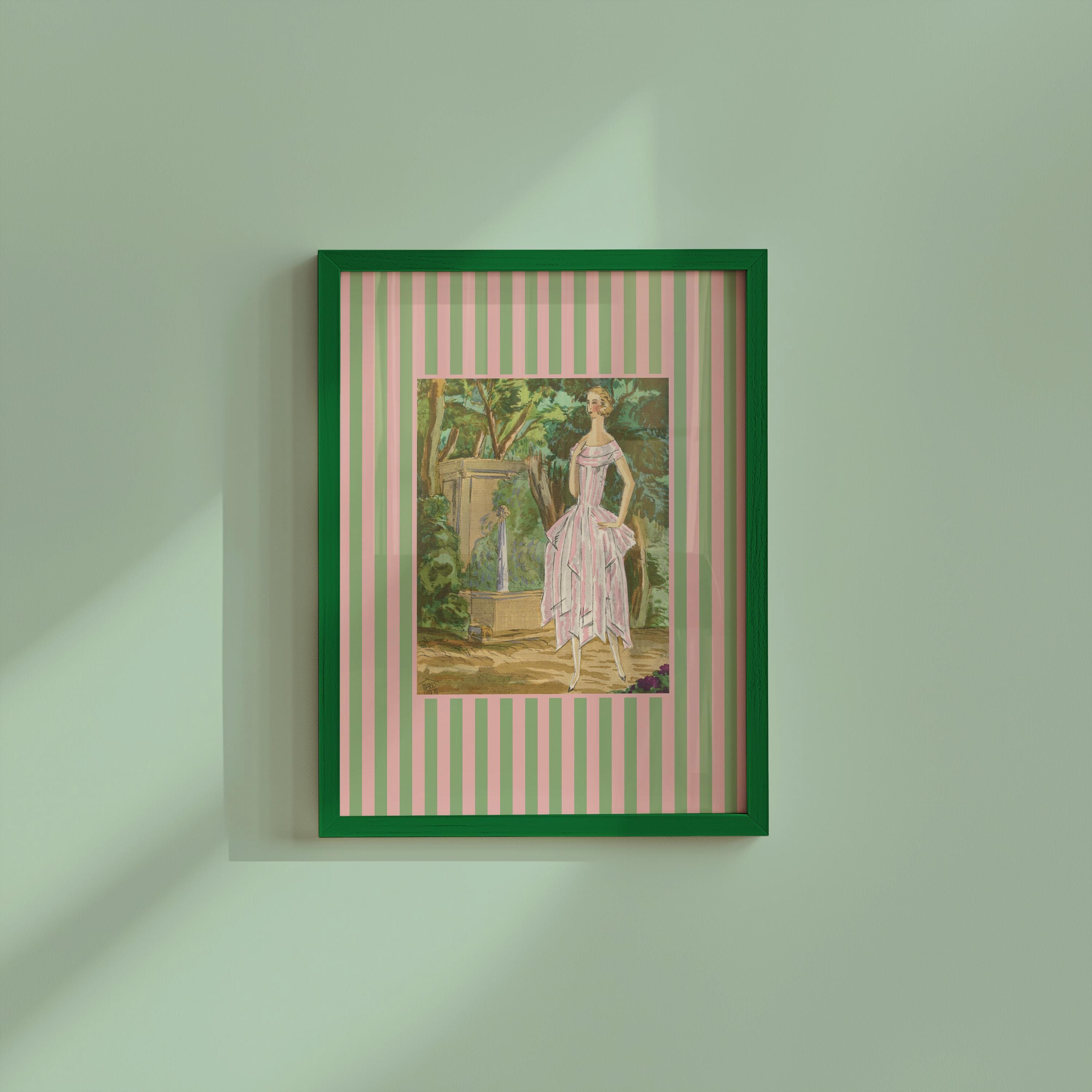 ART DECO PRINT, Vintage Fashion Illustration, Feminine Decor, Girls Room Decor, Luxury Fashion Art, Coquette Decor, Green and Pink Art Print