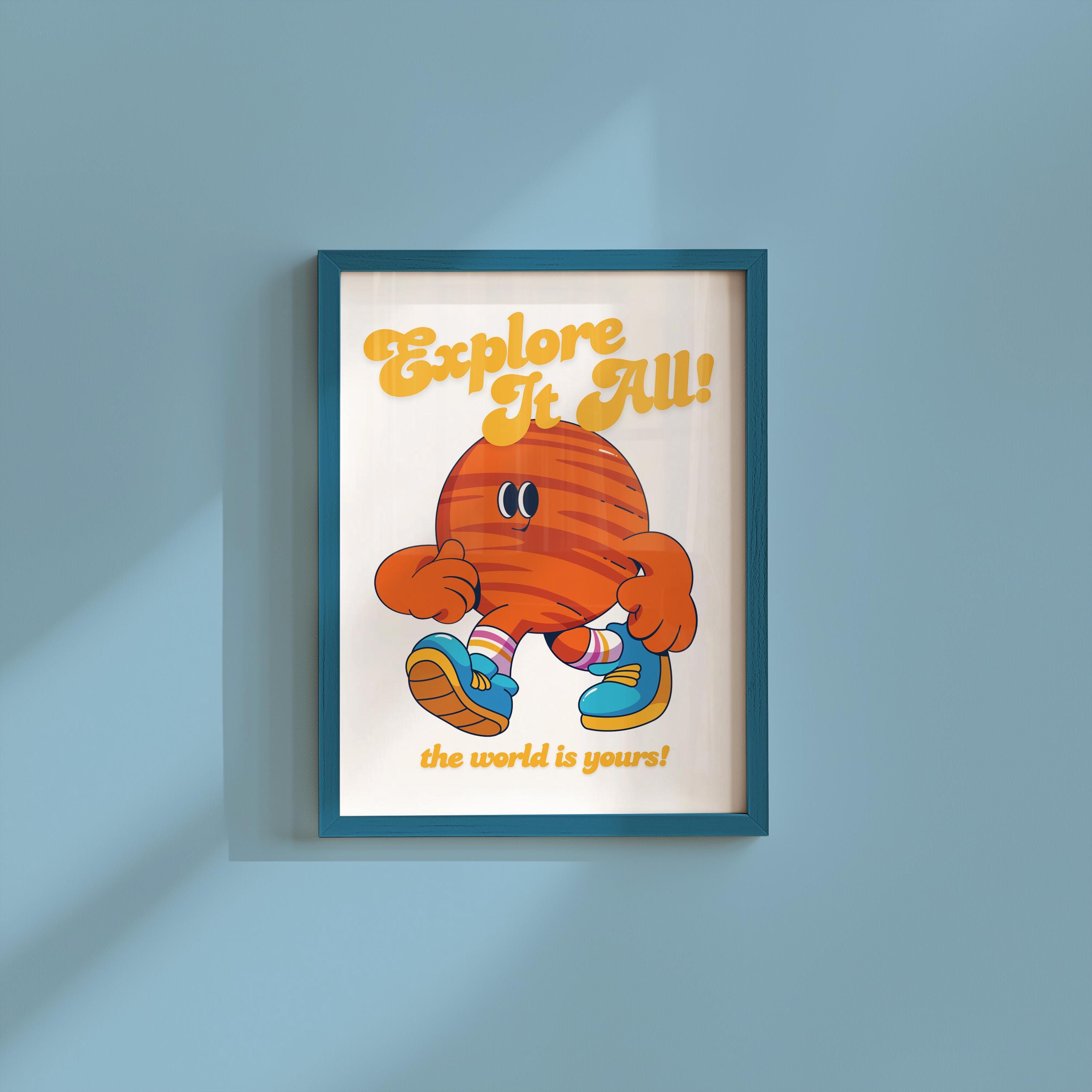 Go Explore Art, Classroom Art, Cute Retro Print, Planet Cartoon, Retro Mascot Print, Funky Groovy Minimal Retro Poster