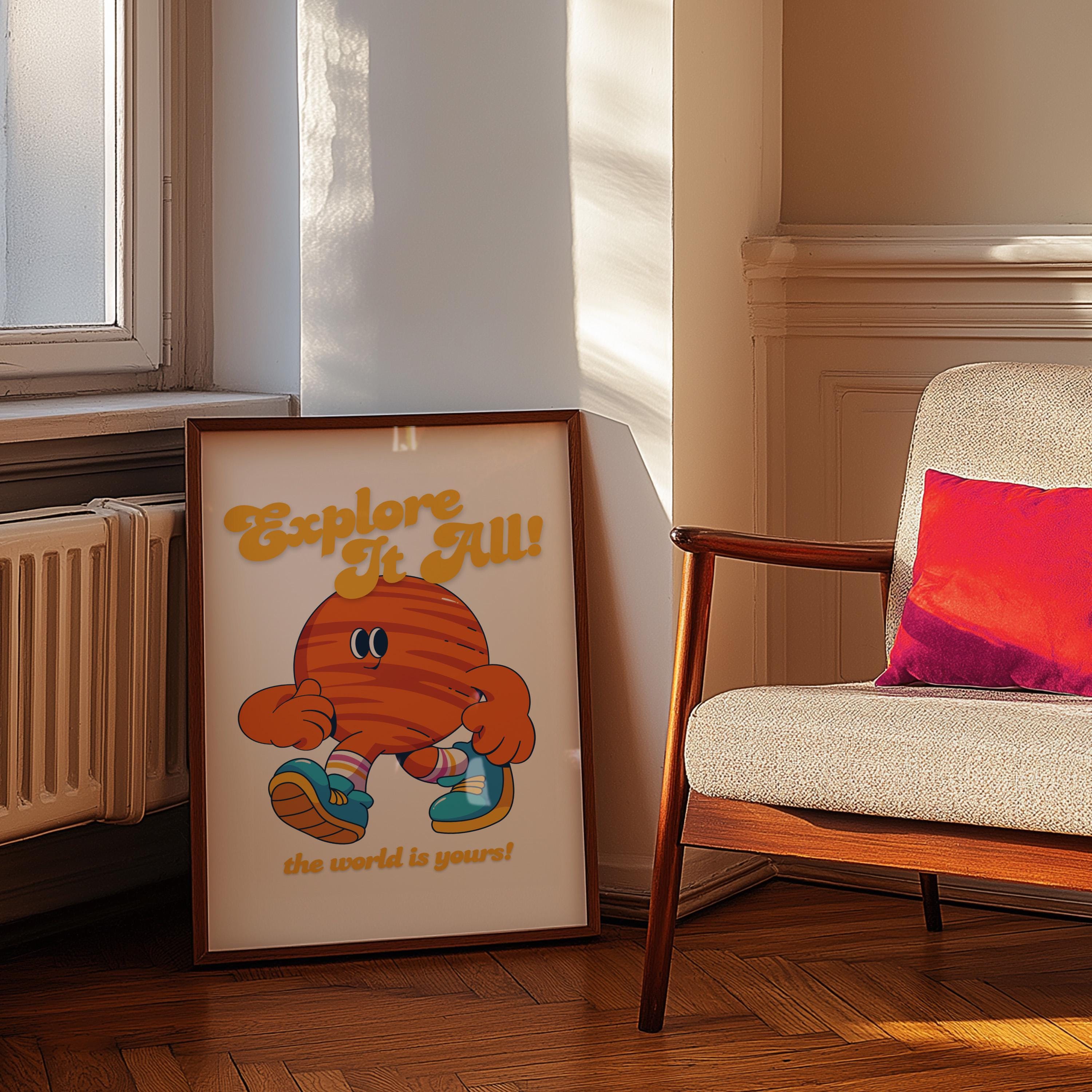 Go Explore Art, Classroom Art, Cute Retro Print, Planet Cartoon, Retro Mascot Print, Funky Groovy Minimal Retro Poster