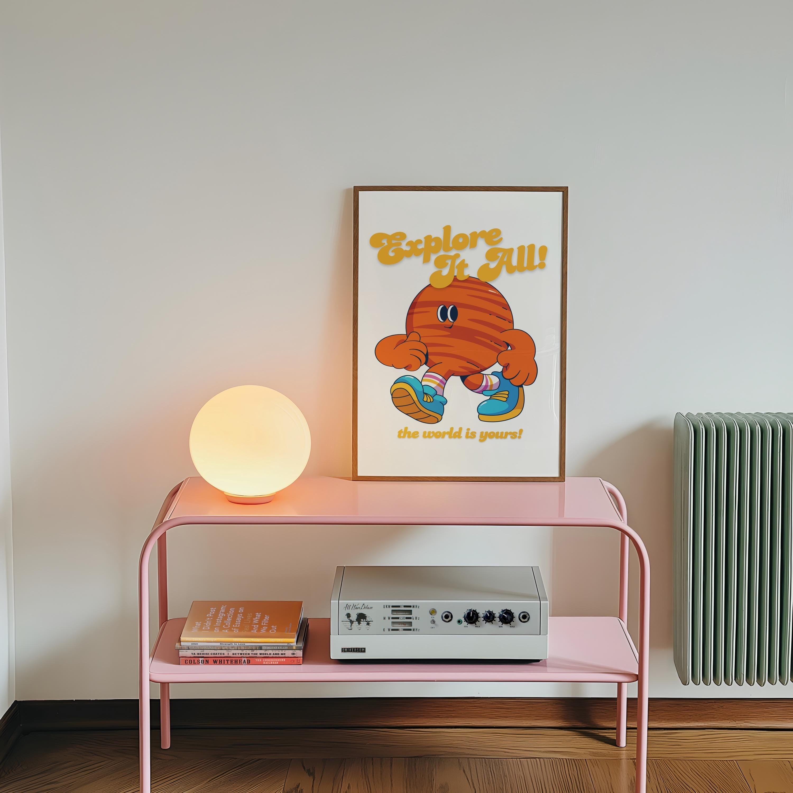 Go Explore Art, Classroom Art, Cute Retro Print, Planet Cartoon, Retro Mascot Print, Funky Groovy Minimal Retro Poster