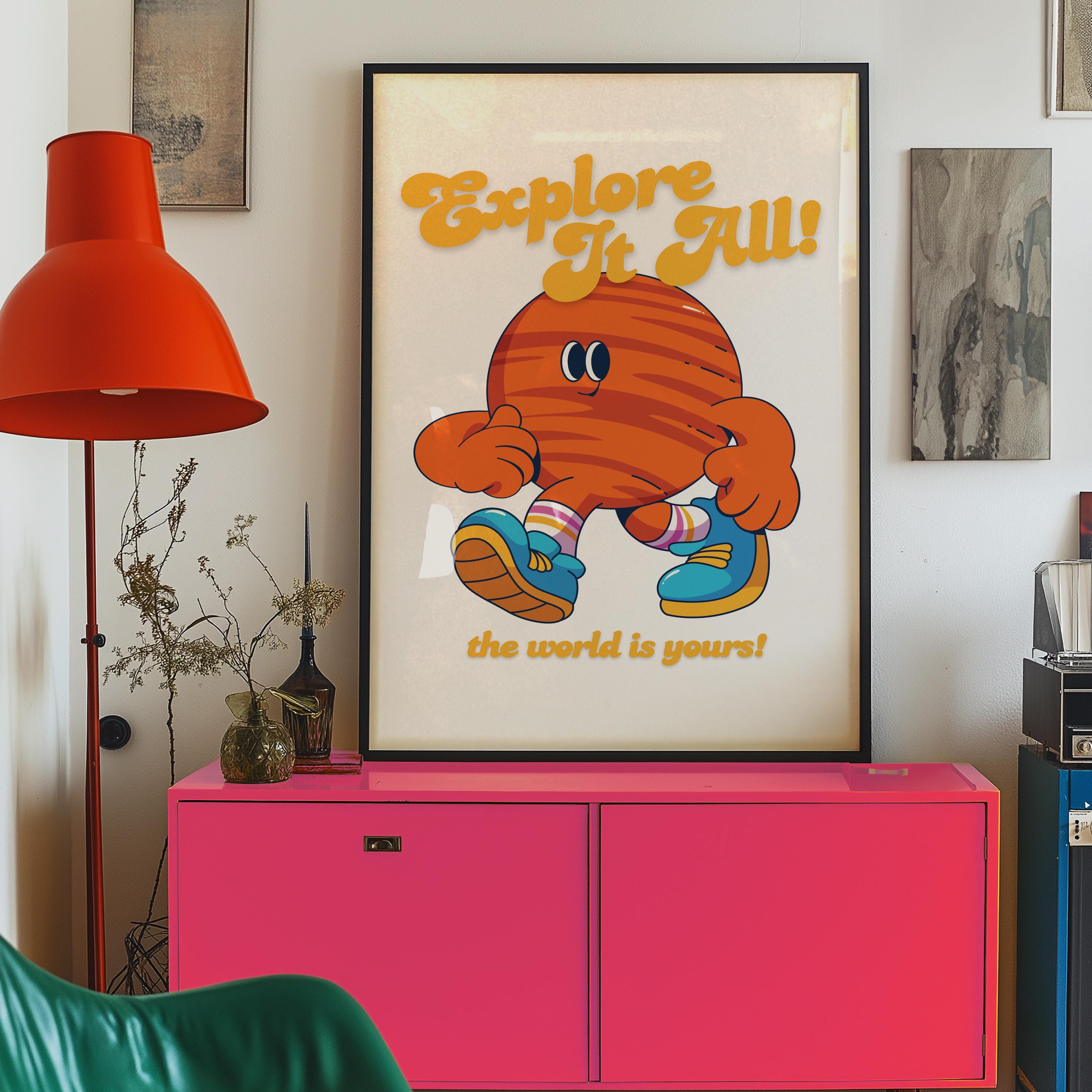 Go Explore Art, Classroom Art, Cute Retro Print, Planet Cartoon, Retro Mascot Print, Funky Groovy Minimal Retro Poster
