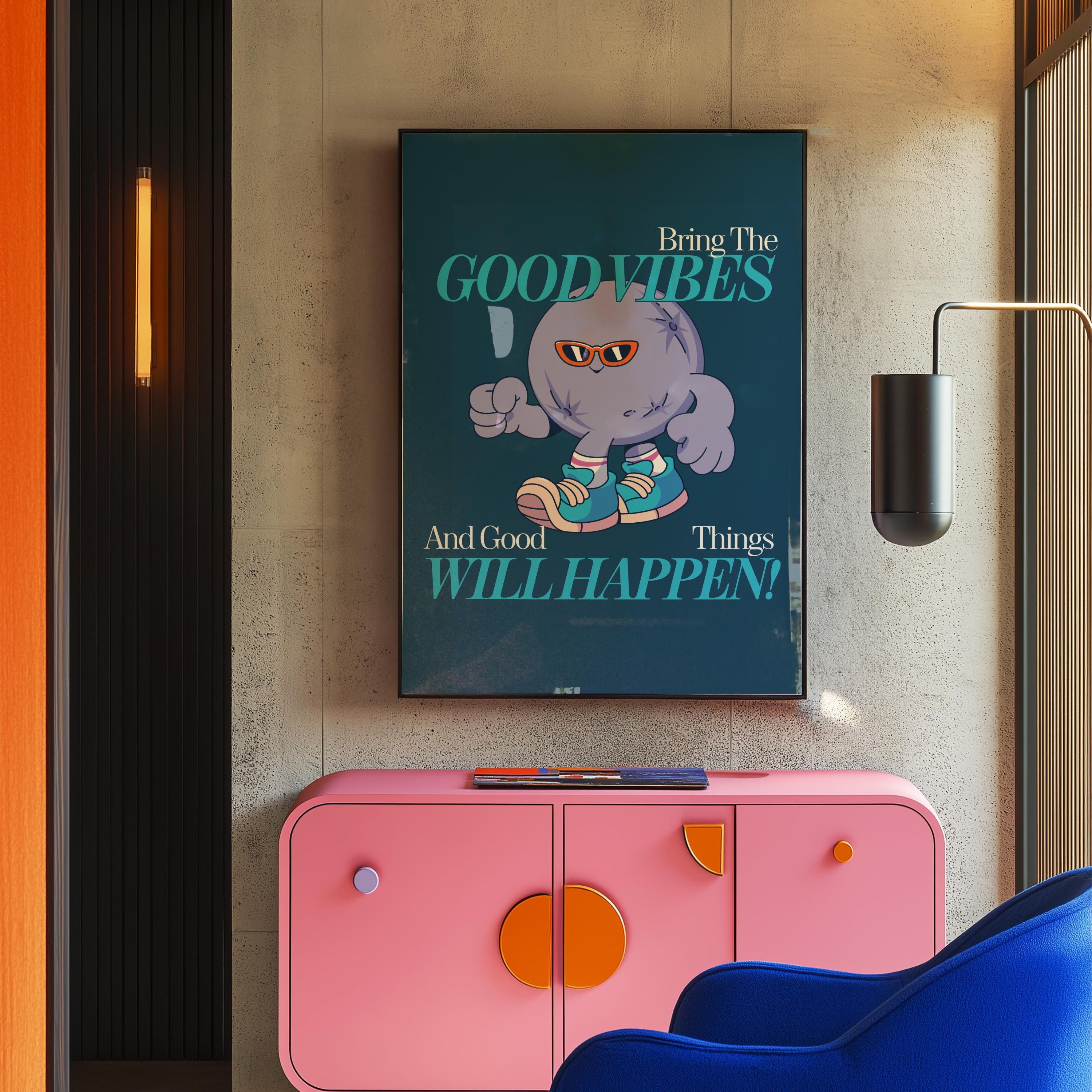 Good Vibes, Retro Cartoon Planet Art Print | Vintage Classroom Decor | Cute Kids Mascot Poster | Groovy Funky Minimalist Wall Art