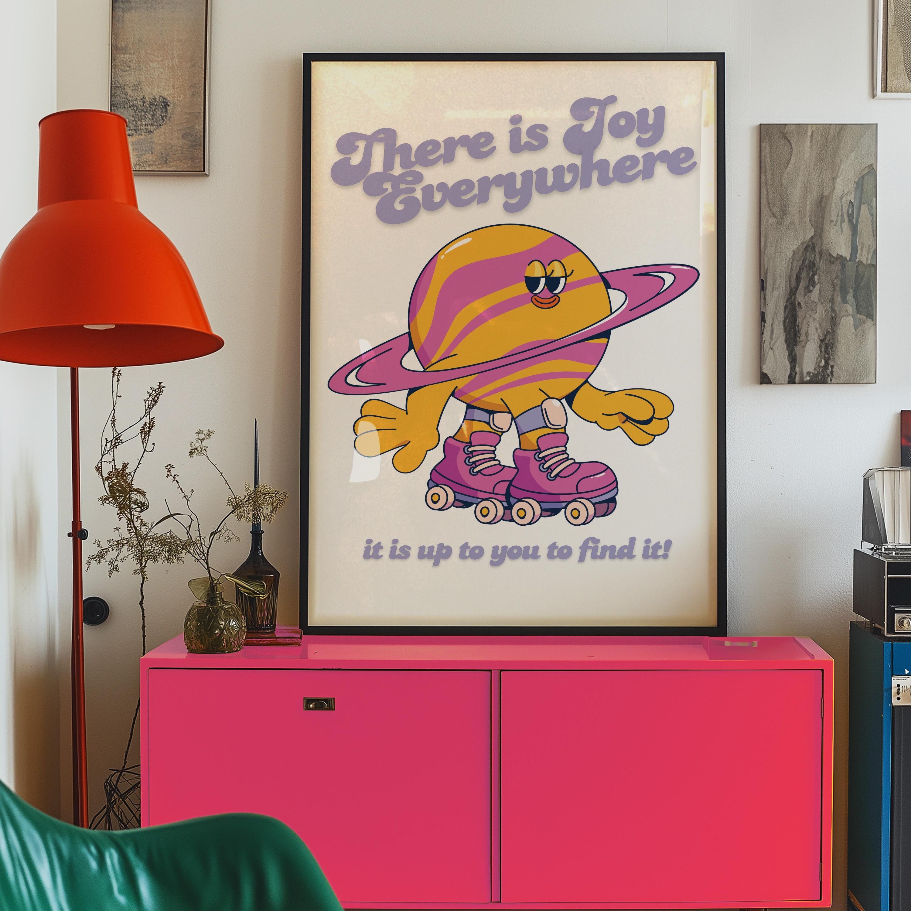There is Joy Everywhere Kids Room Art, Downloadable Cartoon Print, Trendy Vintage Mascot & Planets Poster, Outer Space Art Print