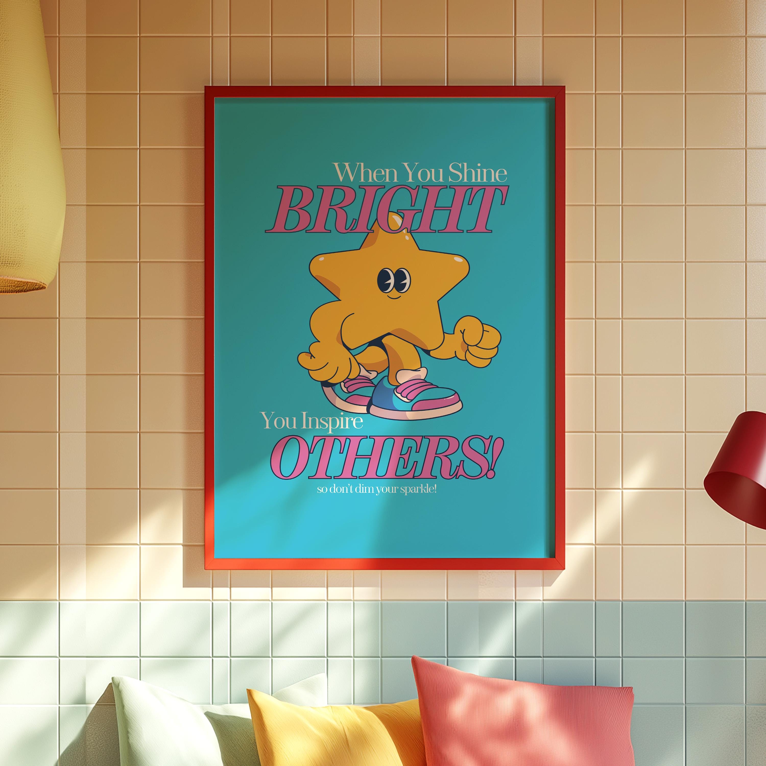 shine Bright Art print, Classroom Art, Cute Vintage Art, Star Cartoon, Kids Mascot Print, Funky Groovy Minimal Retro Poster, Vintage Cartoon