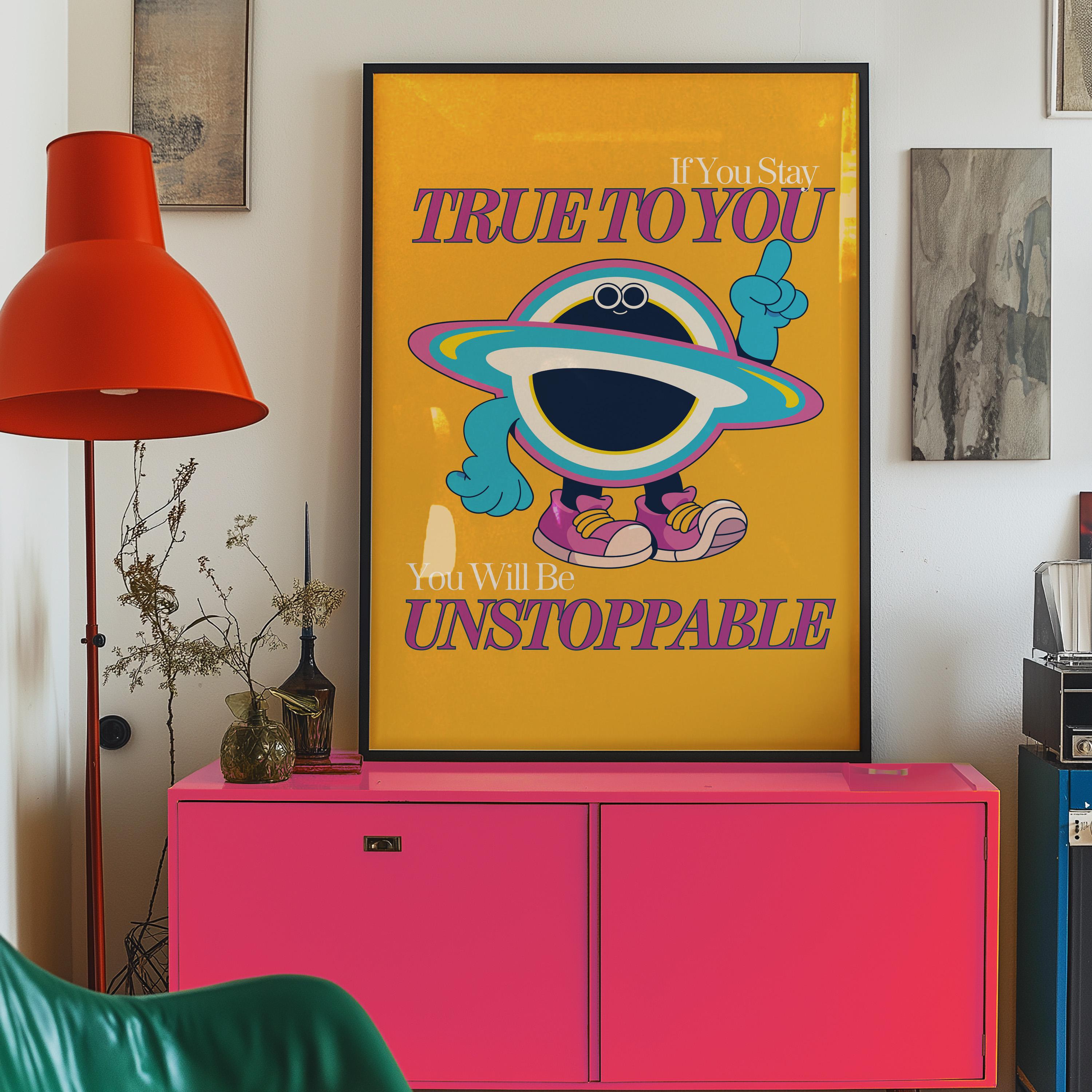 Retro Mental Health Print | Positivity Posters Therapy Office Decor | Digital Download Kids Art | True To You Art Print, You Are Unstoppable