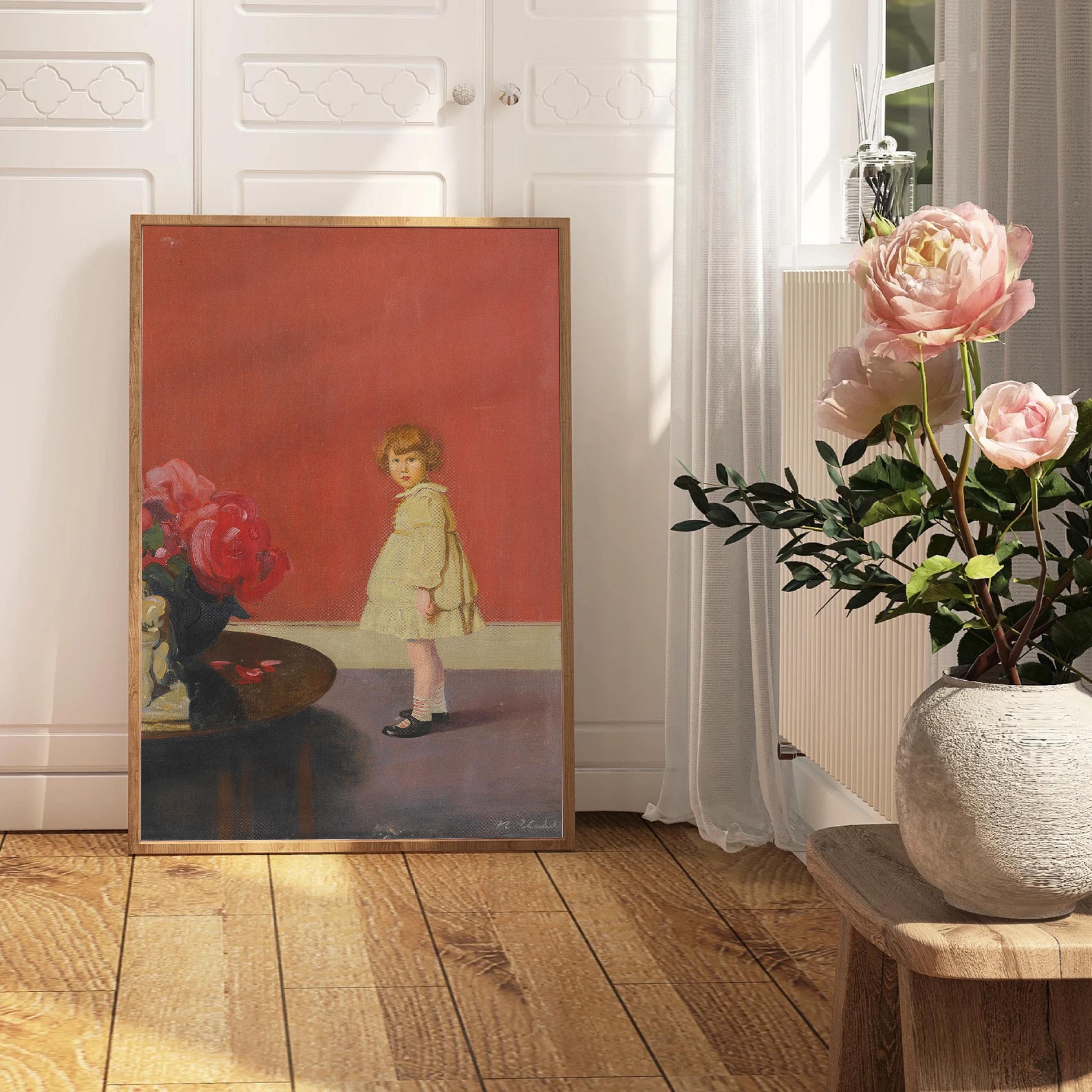Little Girl Red Portrait Vintage Digital Art Print