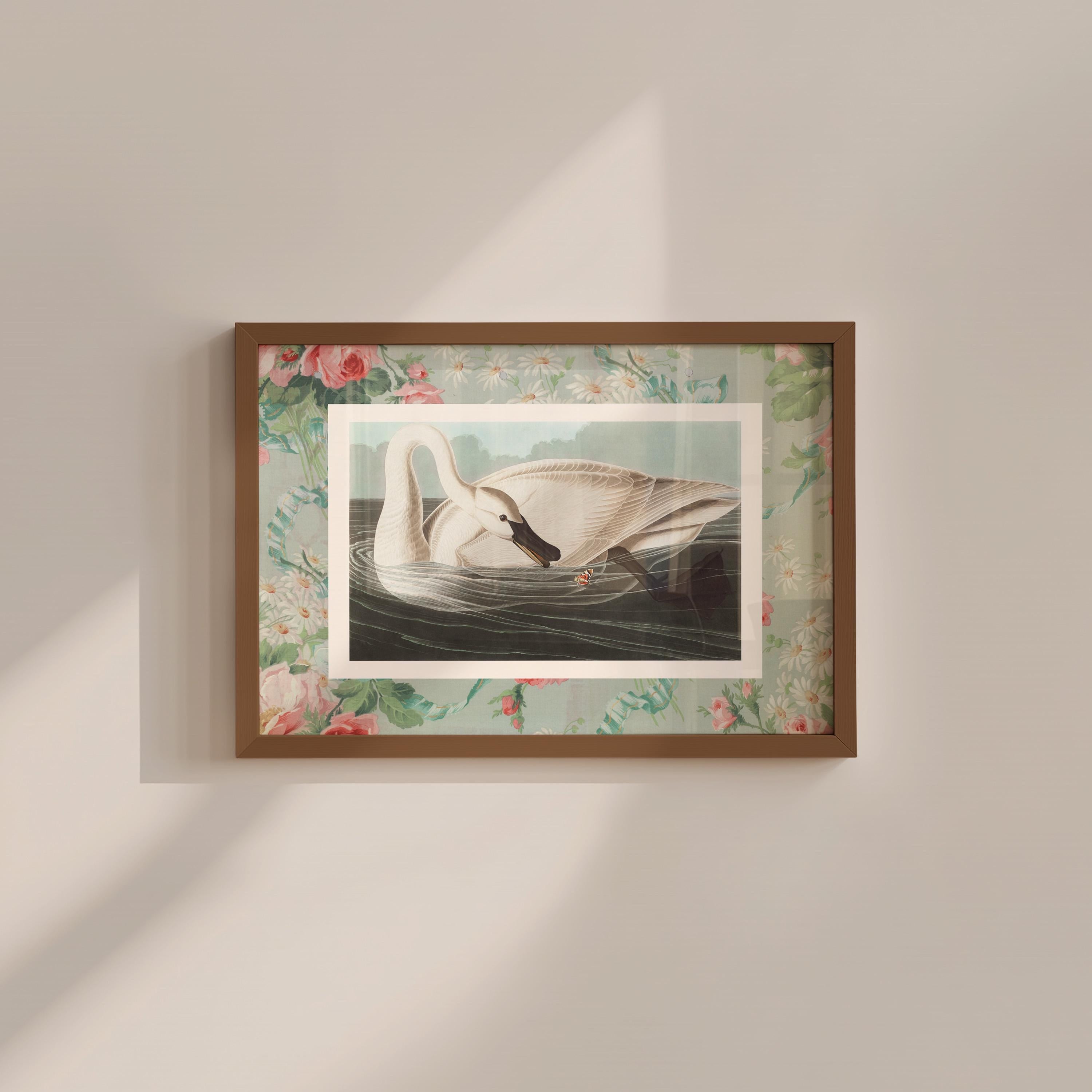 Green Floral Swan Vintage Digital Art Print